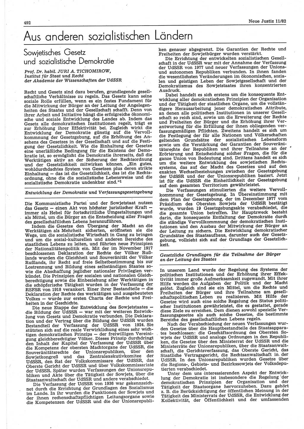 Neue Justiz (NJ), Zeitschrift für sozialistisches Recht und Gesetzlichkeit [Deutsche Demokratische Republik (DDR)], 36. Jahrgang 1982, Seite 492 (NJ DDR 1982, S. 492)