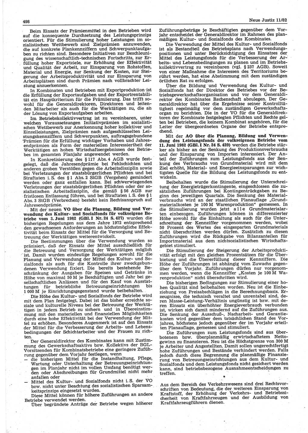 Neue Justiz (NJ), Zeitschrift für sozialistisches Recht und Gesetzlichkeit [Deutsche Demokratische Republik (DDR)], 36. Jahrgang 1982, Seite 498 (NJ DDR 1982, S. 498)