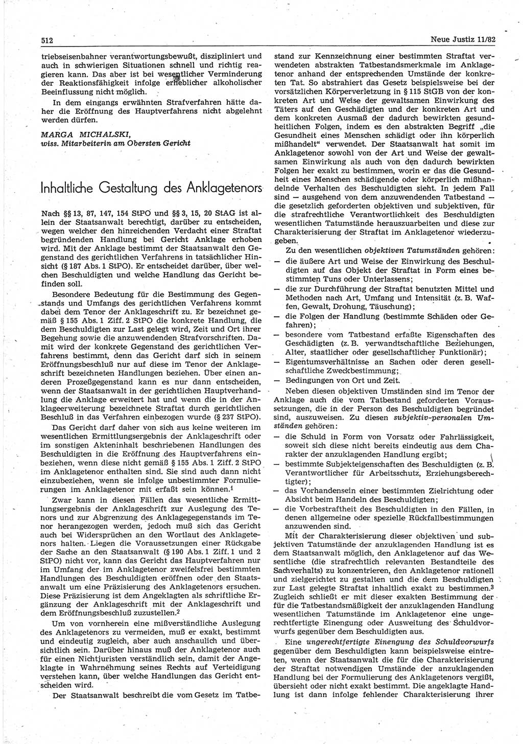 Neue Justiz (NJ), Zeitschrift für sozialistisches Recht und Gesetzlichkeit [Deutsche Demokratische Republik (DDR)], 36. Jahrgang 1982, Seite 512 (NJ DDR 1982, S. 512)