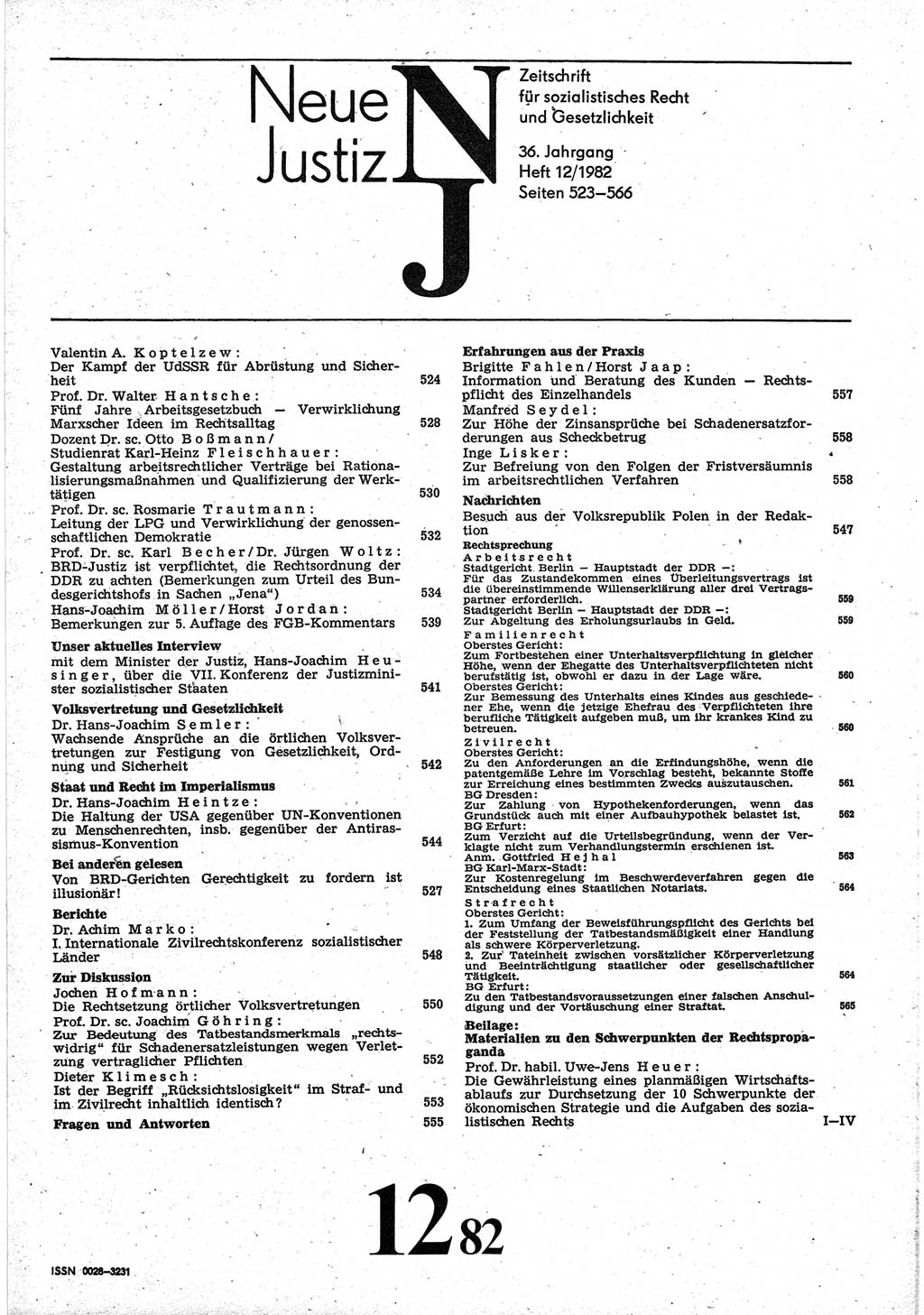 Neue Justiz (NJ), Zeitschrift für sozialistisches Recht und Gesetzlichkeit [Deutsche Demokratische Republik (DDR)], 36. Jahrgang 1982, Seite 523 (NJ DDR 1982, S. 523)