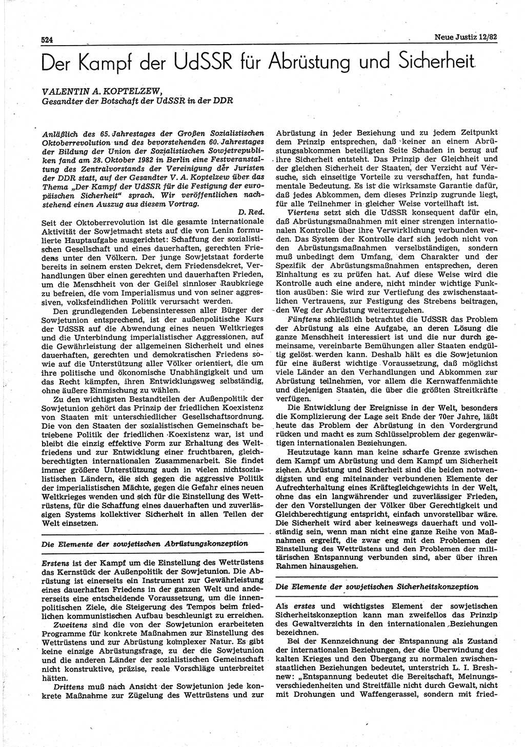 Neue Justiz (NJ), Zeitschrift für sozialistisches Recht und Gesetzlichkeit [Deutsche Demokratische Republik (DDR)], 36. Jahrgang 1982, Seite 524 (NJ DDR 1982, S. 524)