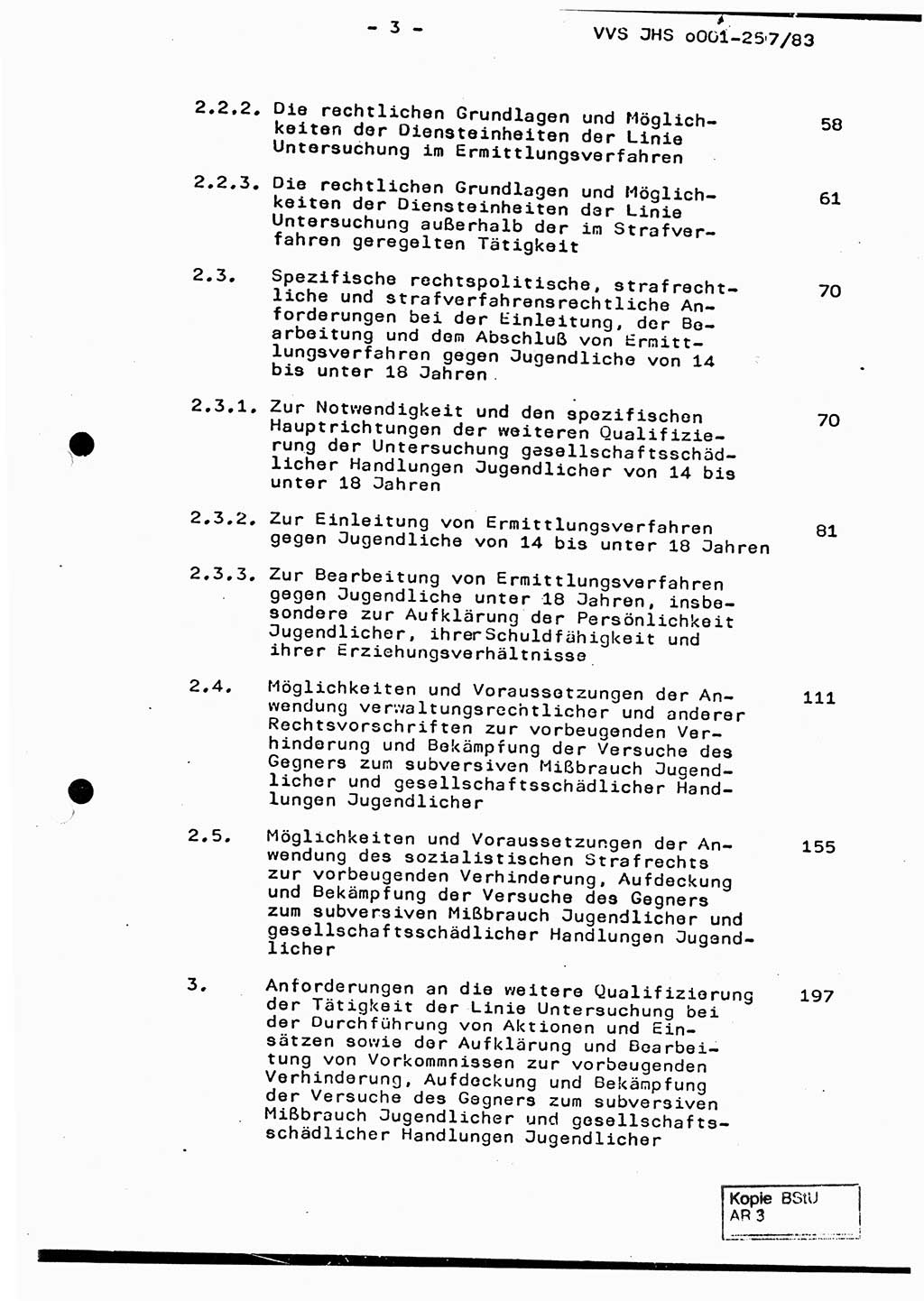 Dissertation, Oberst Helmut Lubas (BV Mdg.), Oberstleutnant Manfred Eschberger (HA IX), Oberleutnant Hans-Jürgen Ludwig (JHS), Ministerium für Staatssicherheit (MfS) [Deutsche Demokratische Republik (DDR)], Juristische Hochschule (JHS), Vertrauliche Verschlußsache (VVS) o001-257/83, Potsdam 1983, Seite 3 (Diss. MfS DDR JHS VVS o001-257/83 1983, S. 3)