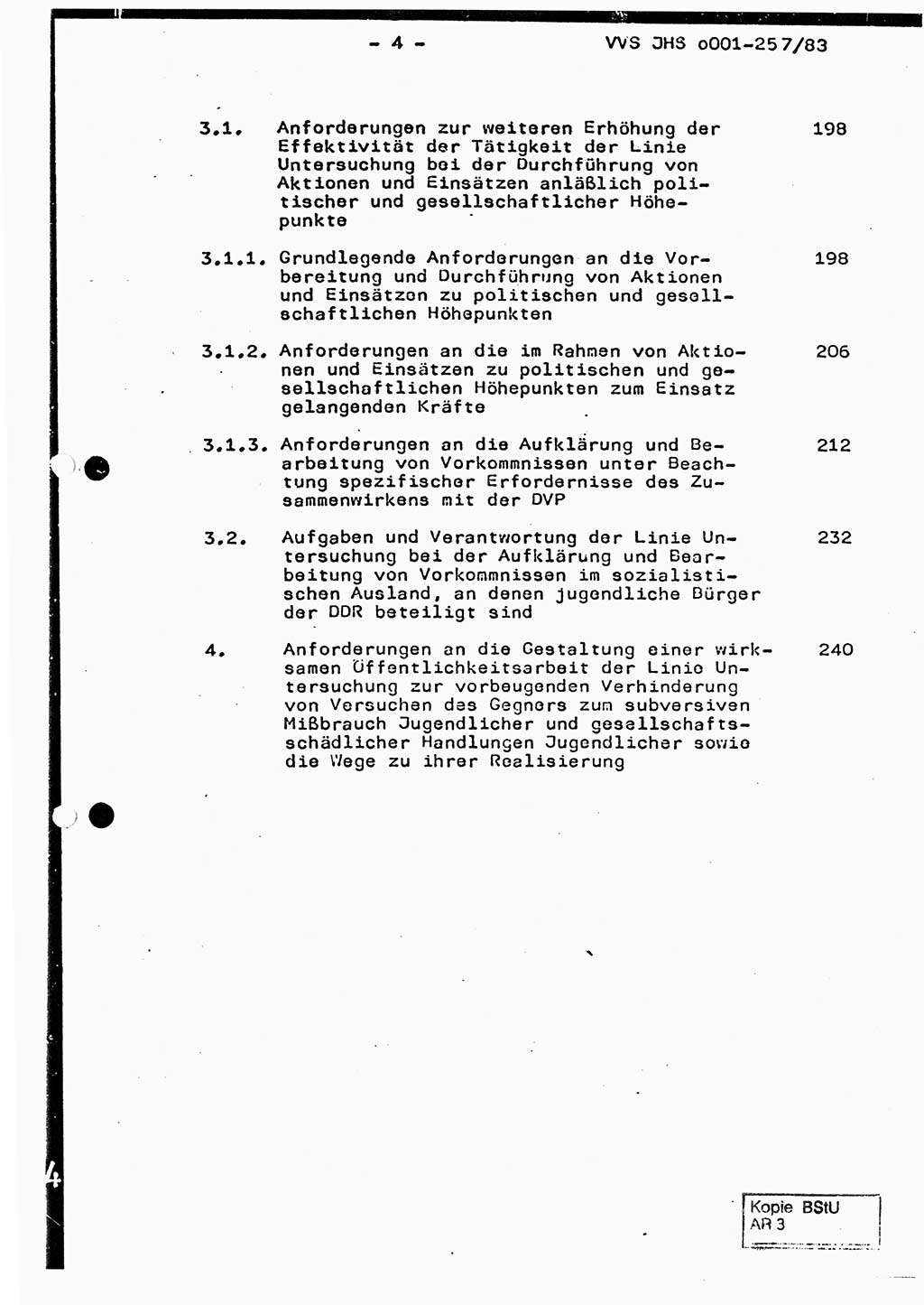 Dissertation, Oberst Helmut Lubas (BV Mdg.), Oberstleutnant Manfred Eschberger (HA IX), Oberleutnant Hans-Jürgen Ludwig (JHS), Ministerium für Staatssicherheit (MfS) [Deutsche Demokratische Republik (DDR)], Juristische Hochschule (JHS), Vertrauliche Verschlußsache (VVS) o001-257/83, Potsdam 1983, Seite 4 (Diss. MfS DDR JHS VVS o001-257/83 1983, S. 4)