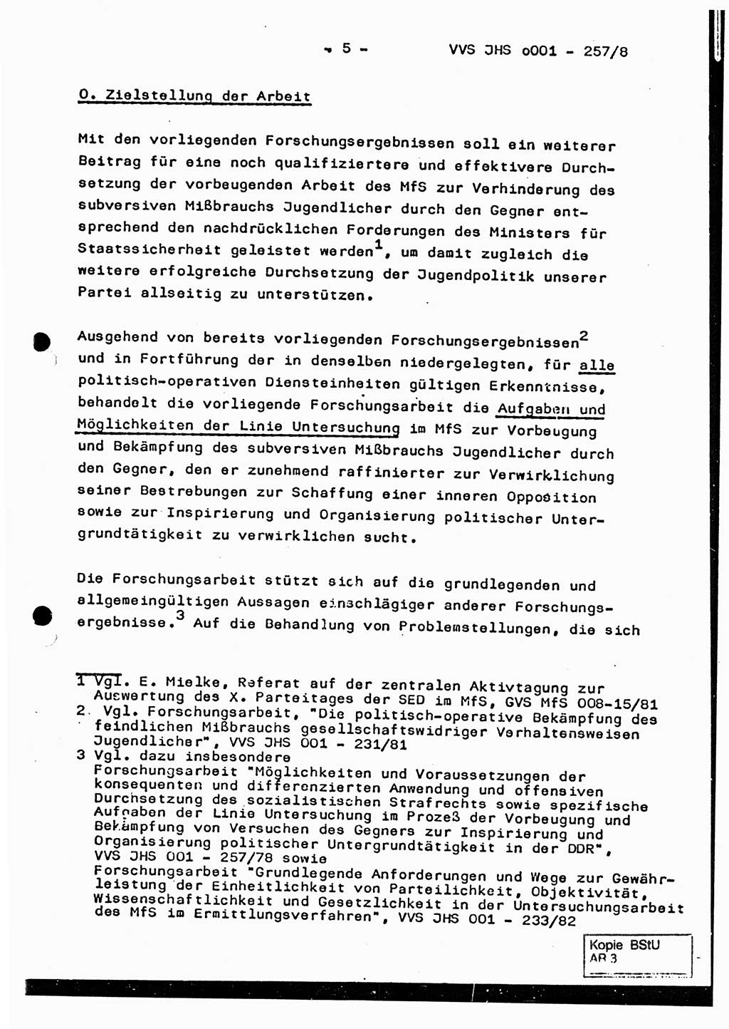 Dissertation, Oberst Helmut Lubas (BV Mdg.), Oberstleutnant Manfred Eschberger (HA IX), Oberleutnant Hans-Jürgen Ludwig (JHS), Ministerium für Staatssicherheit (MfS) [Deutsche Demokratische Republik (DDR)], Juristische Hochschule (JHS), Vertrauliche Verschlußsache (VVS) o001-257/83, Potsdam 1983, Seite 5 (Diss. MfS DDR JHS VVS o001-257/83 1983, S. 5)