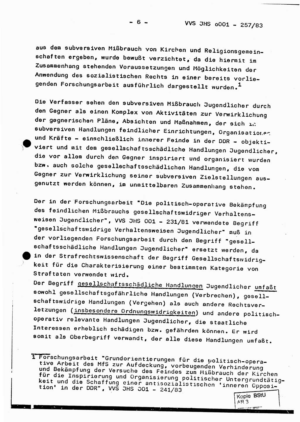 Dissertation, Oberst Helmut Lubas (BV Mdg.), Oberstleutnant Manfred Eschberger (HA IX), Oberleutnant Hans-Jürgen Ludwig (JHS), Ministerium für Staatssicherheit (MfS) [Deutsche Demokratische Republik (DDR)], Juristische Hochschule (JHS), Vertrauliche Verschlußsache (VVS) o001-257/83, Potsdam 1983, Seite 6 (Diss. MfS DDR JHS VVS o001-257/83 1983, S. 6)