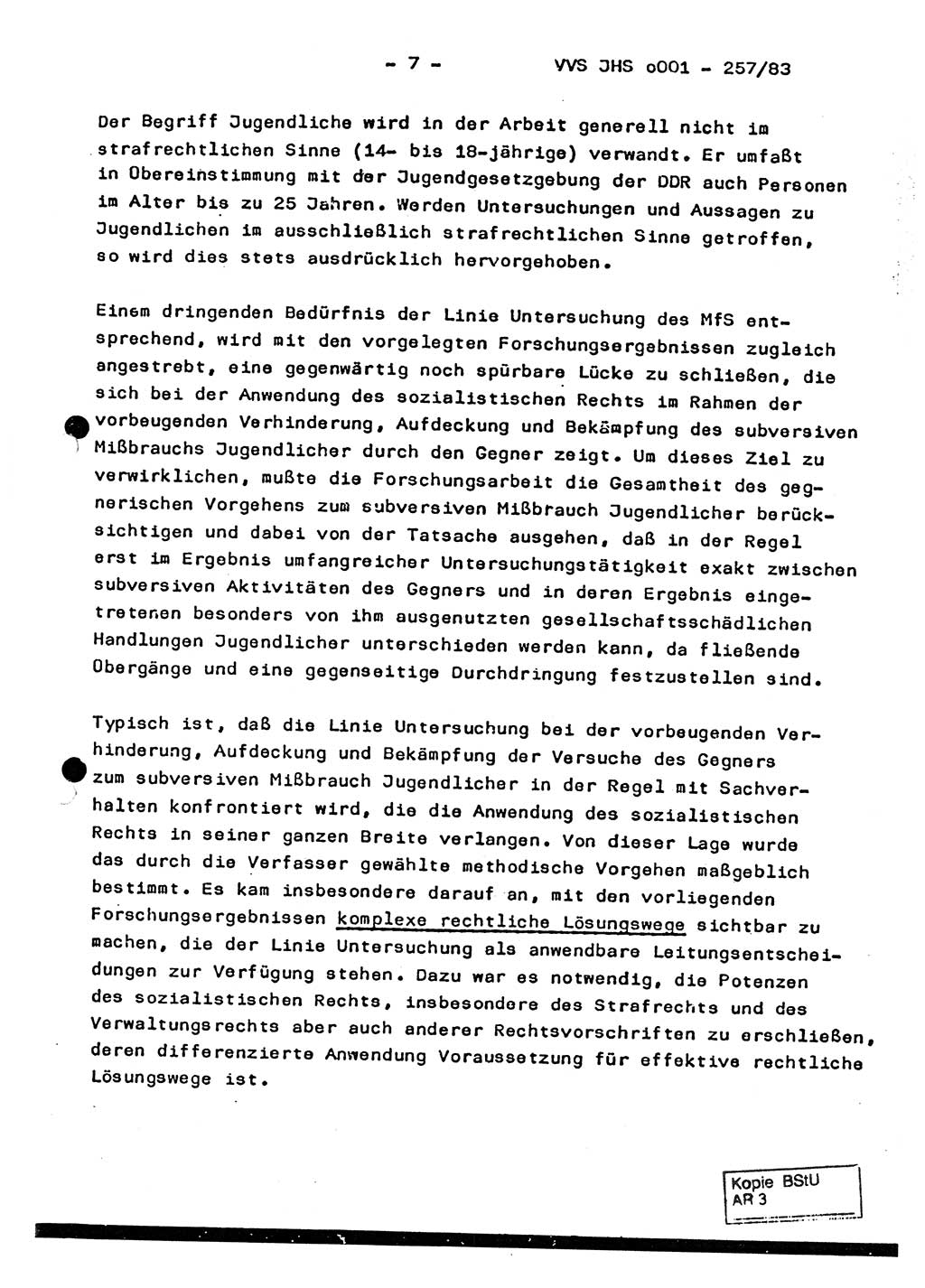 Dissertation, Oberst Helmut Lubas (BV Mdg.), Oberstleutnant Manfred Eschberger (HA IX), Oberleutnant Hans-Jürgen Ludwig (JHS), Ministerium für Staatssicherheit (MfS) [Deutsche Demokratische Republik (DDR)], Juristische Hochschule (JHS), Vertrauliche Verschlußsache (VVS) o001-257/83, Potsdam 1983, Seite 7 (Diss. MfS DDR JHS VVS o001-257/83 1983, S. 7)