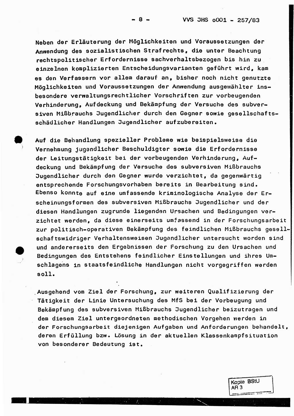 Dissertation, Oberst Helmut Lubas (BV Mdg.), Oberstleutnant Manfred Eschberger (HA IX), Oberleutnant Hans-Jürgen Ludwig (JHS), Ministerium für Staatssicherheit (MfS) [Deutsche Demokratische Republik (DDR)], Juristische Hochschule (JHS), Vertrauliche Verschlußsache (VVS) o001-257/83, Potsdam 1983, Seite 8 (Diss. MfS DDR JHS VVS o001-257/83 1983, S. 8)