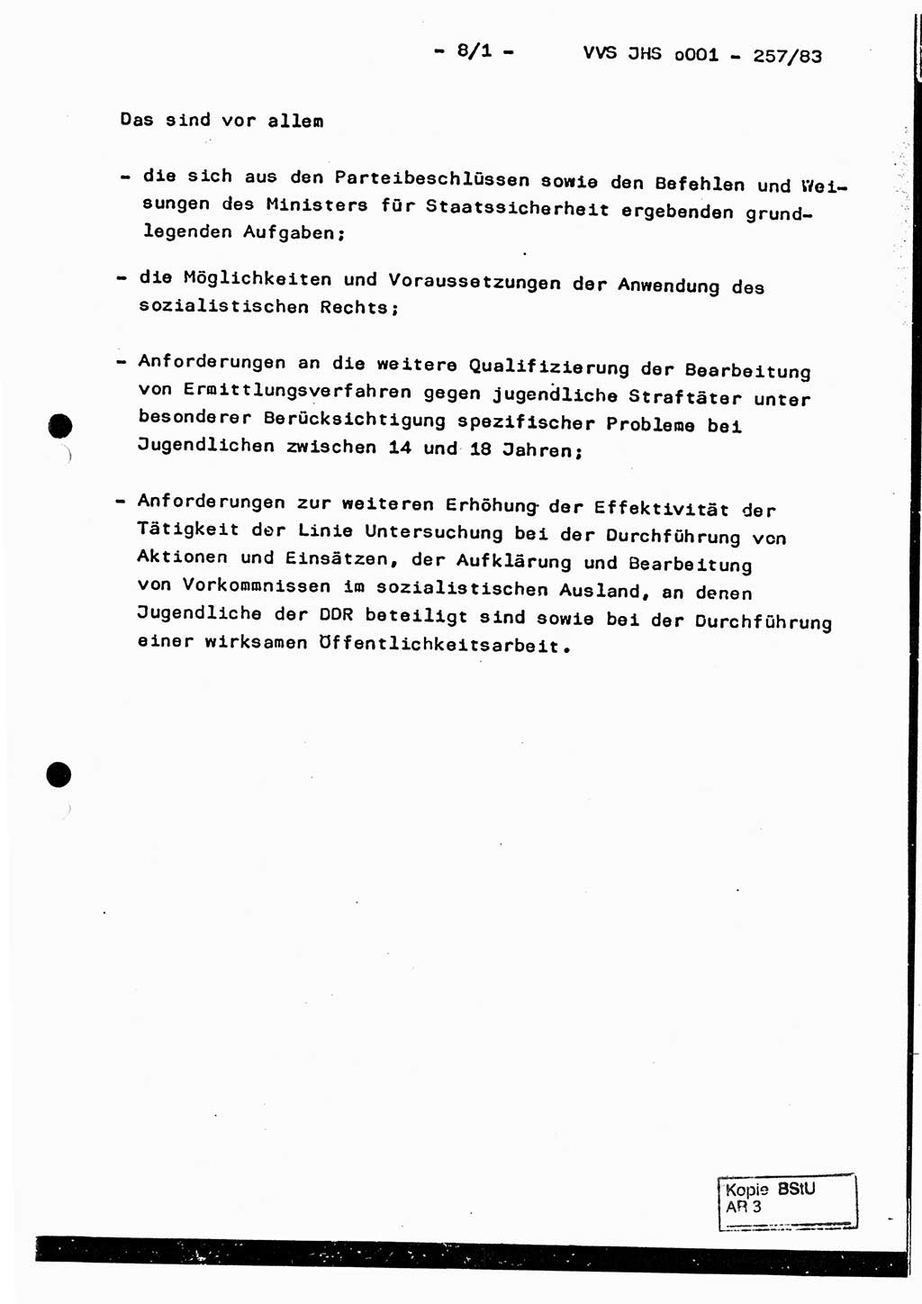 Dissertation, Oberst Helmut Lubas (BV Mdg.), Oberstleutnant Manfred Eschberger (HA IX), Oberleutnant Hans-Jürgen Ludwig (JHS), Ministerium für Staatssicherheit (MfS) [Deutsche Demokratische Republik (DDR)], Juristische Hochschule (JHS), Vertrauliche Verschlußsache (VVS) o001-257/83, Potsdam 1983, Seite 8/1 (Diss. MfS DDR JHS VVS o001-257/83 1983, S. 8/1)
