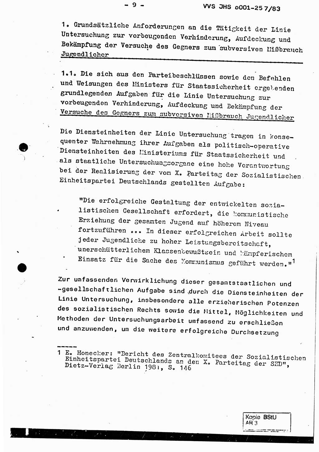 Dissertation, Oberst Helmut Lubas (BV Mdg.), Oberstleutnant Manfred Eschberger (HA IX), Oberleutnant Hans-Jürgen Ludwig (JHS), Ministerium für Staatssicherheit (MfS) [Deutsche Demokratische Republik (DDR)], Juristische Hochschule (JHS), Vertrauliche Verschlußsache (VVS) o001-257/83, Potsdam 1983, Seite 9 (Diss. MfS DDR JHS VVS o001-257/83 1983, S. 9)