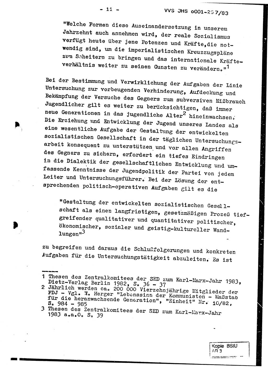 Dissertation, Oberst Helmut Lubas (BV Mdg.), Oberstleutnant Manfred Eschberger (HA IX), Oberleutnant Hans-Jürgen Ludwig (JHS), Ministerium für Staatssicherheit (MfS) [Deutsche Demokratische Republik (DDR)], Juristische Hochschule (JHS), Vertrauliche Verschlußsache (VVS) o001-257/83, Potsdam 1983, Seite 11 (Diss. MfS DDR JHS VVS o001-257/83 1983, S. 11)