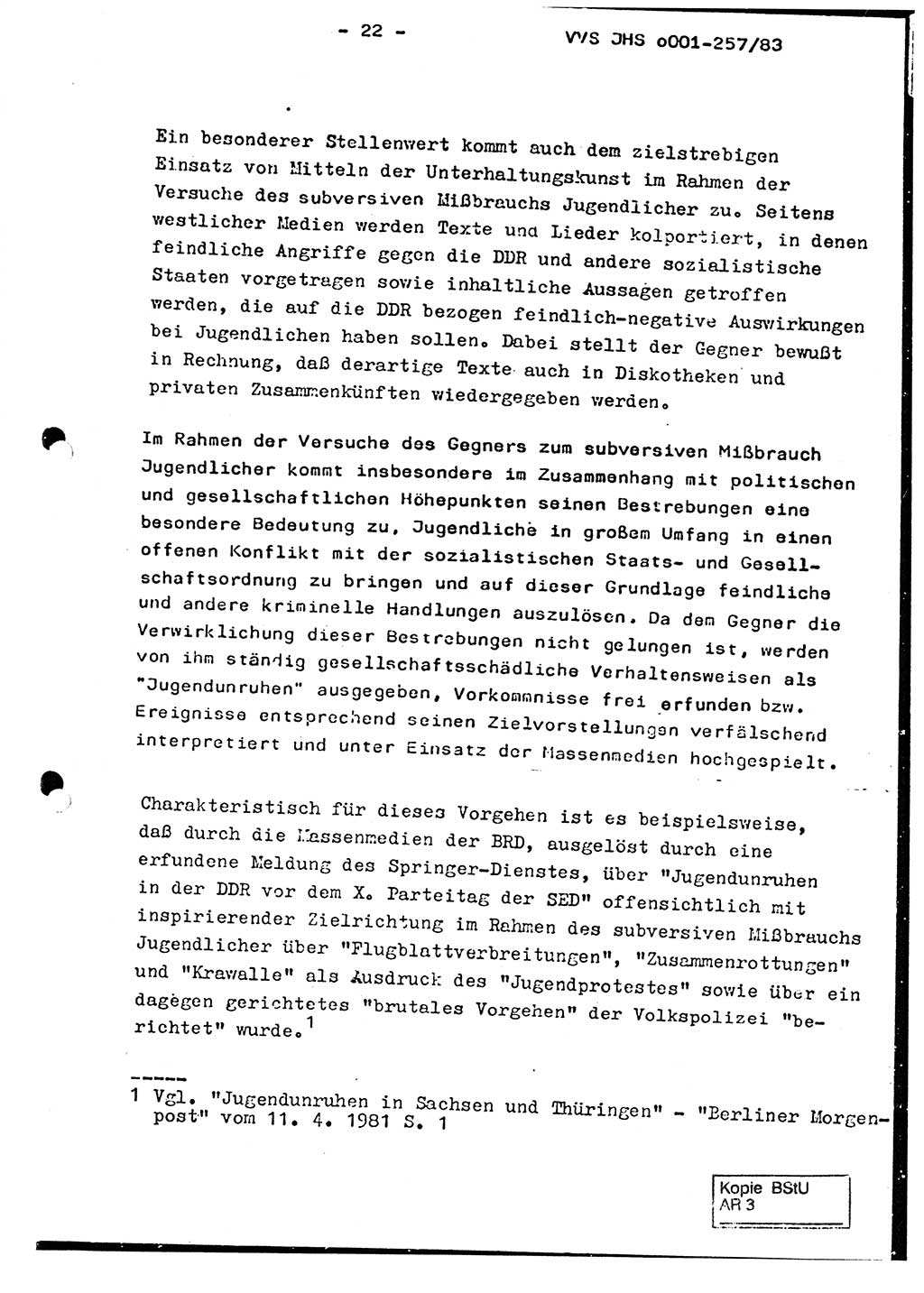 Dissertation, Oberst Helmut Lubas (BV Mdg.), Oberstleutnant Manfred Eschberger (HA IX), Oberleutnant Hans-Jürgen Ludwig (JHS), Ministerium für Staatssicherheit (MfS) [Deutsche Demokratische Republik (DDR)], Juristische Hochschule (JHS), Vertrauliche Verschlußsache (VVS) o001-257/83, Potsdam 1983, Seite 22 (Diss. MfS DDR JHS VVS o001-257/83 1983, S. 22)