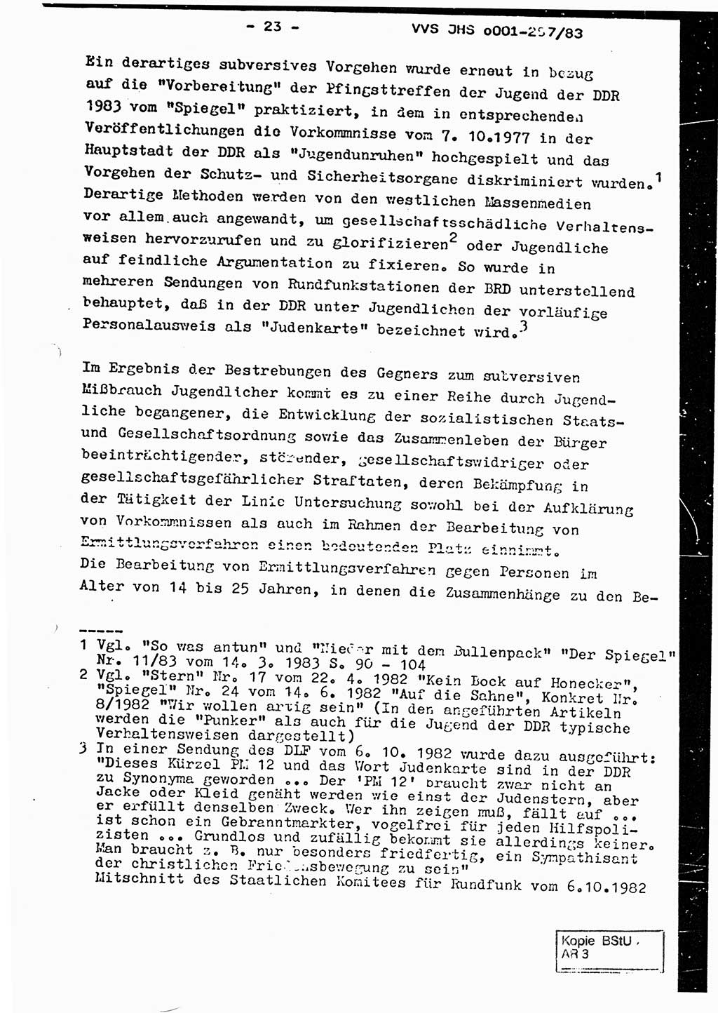Dissertation, Oberst Helmut Lubas (BV Mdg.), Oberstleutnant Manfred Eschberger (HA IX), Oberleutnant Hans-Jürgen Ludwig (JHS), Ministerium für Staatssicherheit (MfS) [Deutsche Demokratische Republik (DDR)], Juristische Hochschule (JHS), Vertrauliche Verschlußsache (VVS) o001-257/83, Potsdam 1983, Seite 23 (Diss. MfS DDR JHS VVS o001-257/83 1983, S. 23)