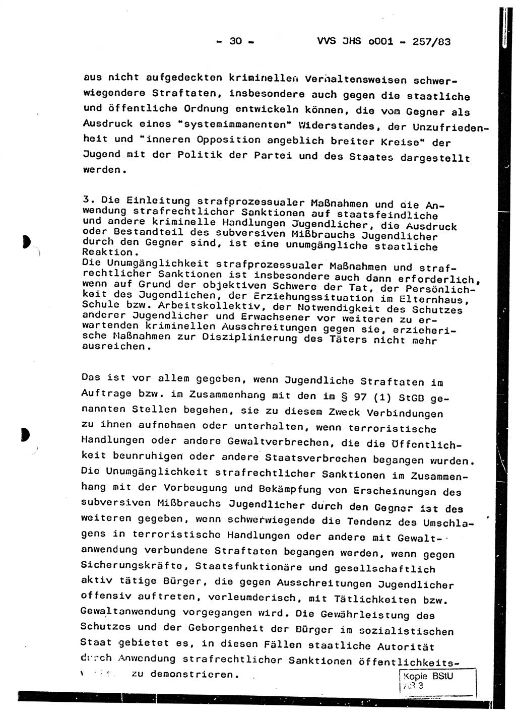 Dissertation, Oberst Helmut Lubas (BV Mdg.), Oberstleutnant Manfred Eschberger (HA IX), Oberleutnant Hans-Jürgen Ludwig (JHS), Ministerium für Staatssicherheit (MfS) [Deutsche Demokratische Republik (DDR)], Juristische Hochschule (JHS), Vertrauliche Verschlußsache (VVS) o001-257/83, Potsdam 1983, Seite 30 (Diss. MfS DDR JHS VVS o001-257/83 1983, S. 30)