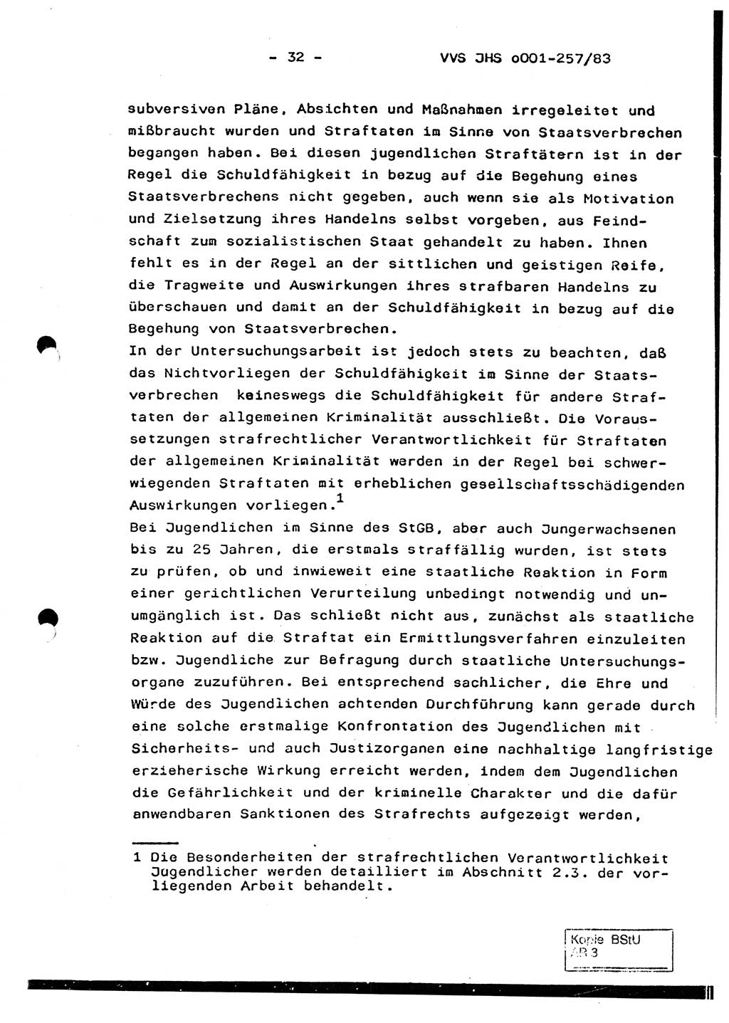 Dissertation, Oberst Helmut Lubas (BV Mdg.), Oberstleutnant Manfred Eschberger (HA IX), Oberleutnant Hans-Jürgen Ludwig (JHS), Ministerium für Staatssicherheit (MfS) [Deutsche Demokratische Republik (DDR)], Juristische Hochschule (JHS), Vertrauliche Verschlußsache (VVS) o001-257/83, Potsdam 1983, Seite 32 (Diss. MfS DDR JHS VVS o001-257/83 1983, S. 32)