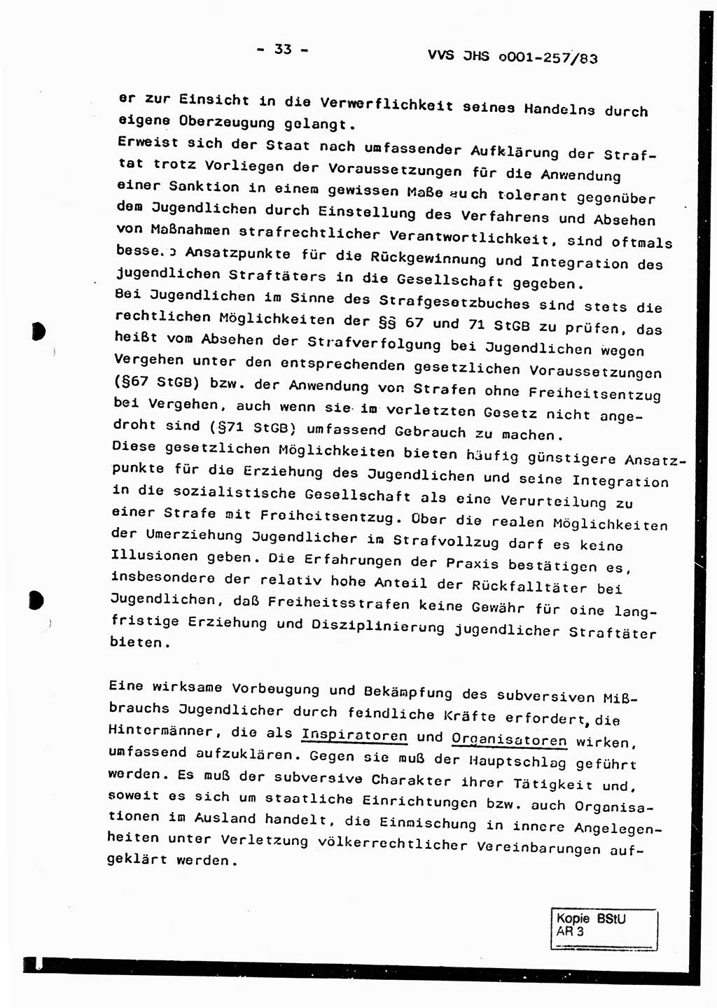 Dissertation, Oberst Helmut Lubas (BV Mdg.), Oberstleutnant Manfred Eschberger (HA IX), Oberleutnant Hans-Jürgen Ludwig (JHS), Ministerium für Staatssicherheit (MfS) [Deutsche Demokratische Republik (DDR)], Juristische Hochschule (JHS), Vertrauliche Verschlußsache (VVS) o001-257/83, Potsdam 1983, Seite 33 (Diss. MfS DDR JHS VVS o001-257/83 1983, S. 33)