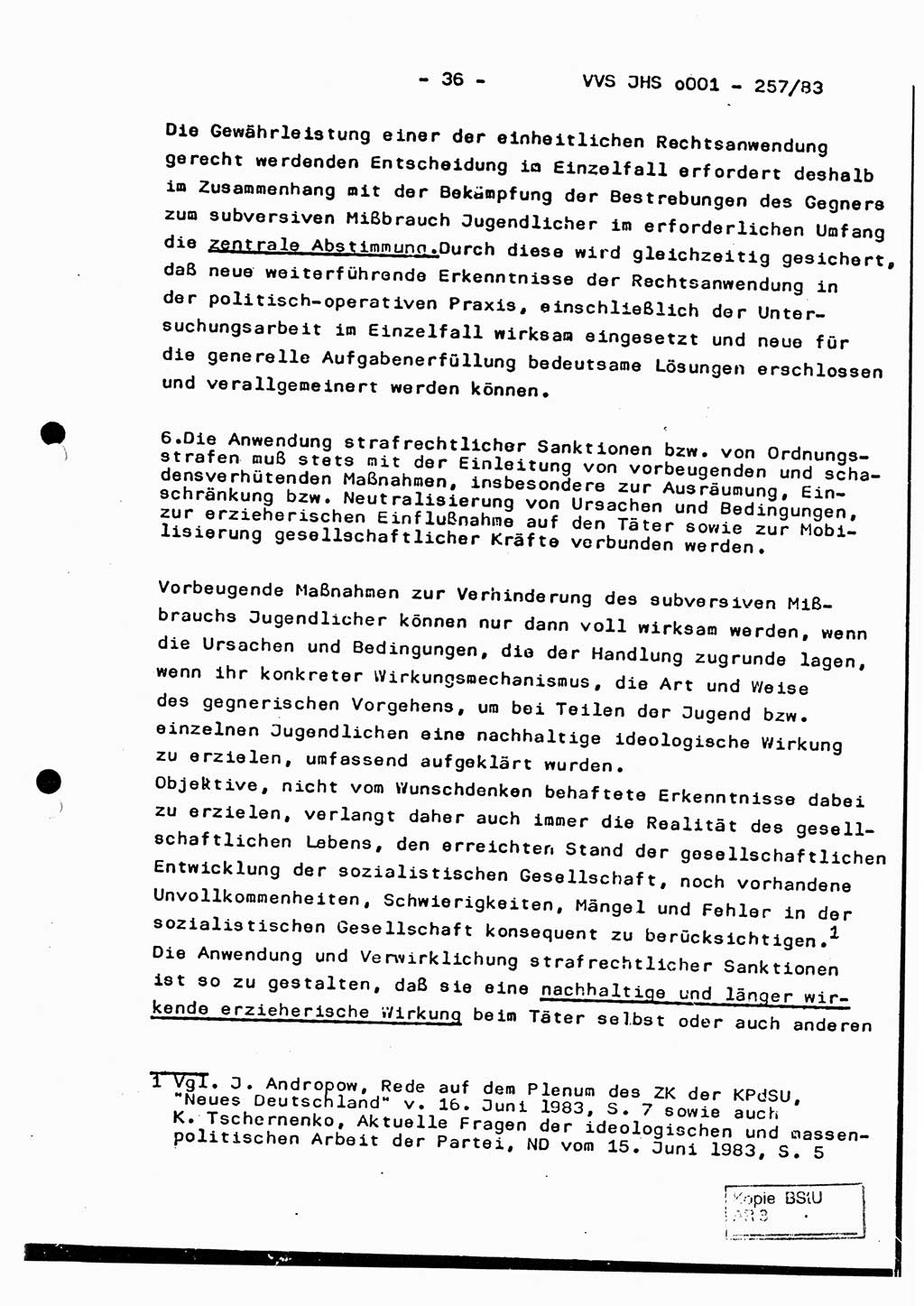 Dissertation, Oberst Helmut Lubas (BV Mdg.), Oberstleutnant Manfred Eschberger (HA IX), Oberleutnant Hans-Jürgen Ludwig (JHS), Ministerium für Staatssicherheit (MfS) [Deutsche Demokratische Republik (DDR)], Juristische Hochschule (JHS), Vertrauliche Verschlußsache (VVS) o001-257/83, Potsdam 1983, Seite 36 (Diss. MfS DDR JHS VVS o001-257/83 1983, S. 36)