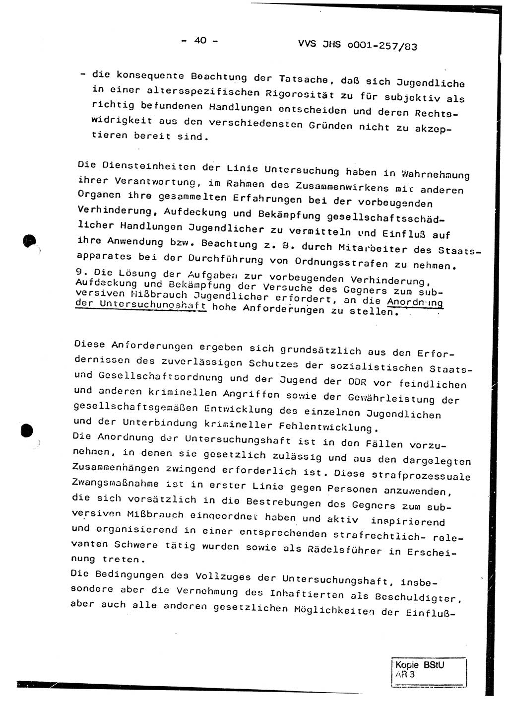 Dissertation, Oberst Helmut Lubas (BV Mdg.), Oberstleutnant Manfred Eschberger (HA IX), Oberleutnant Hans-Jürgen Ludwig (JHS), Ministerium für Staatssicherheit (MfS) [Deutsche Demokratische Republik (DDR)], Juristische Hochschule (JHS), Vertrauliche Verschlußsache (VVS) o001-257/83, Potsdam 1983, Seite 40 (Diss. MfS DDR JHS VVS o001-257/83 1983, S. 40)