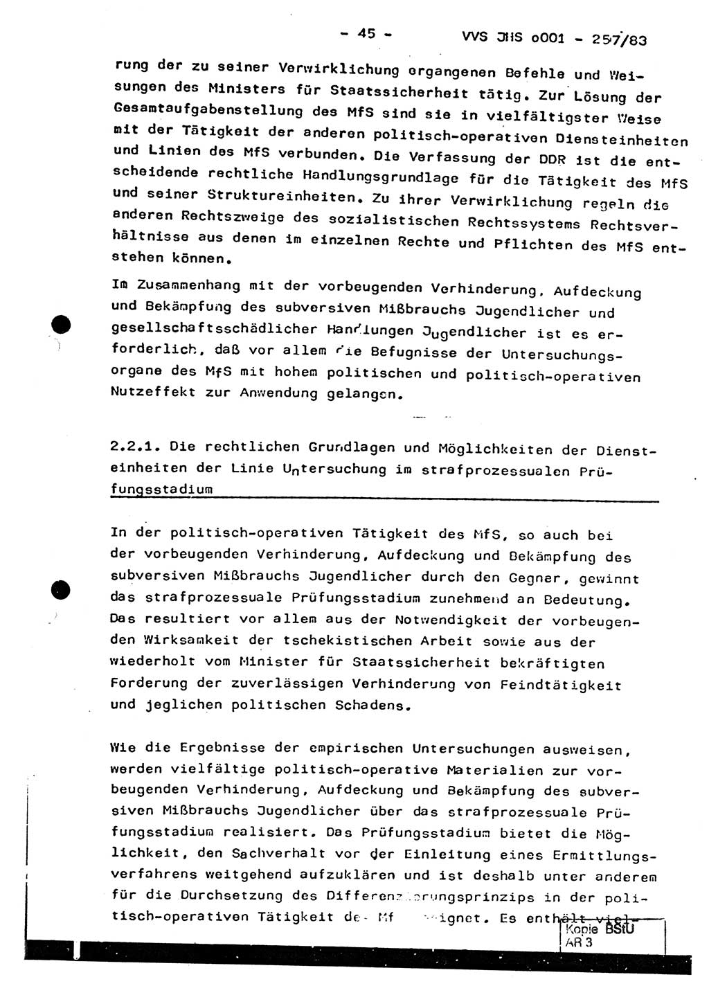 Dissertation, Oberst Helmut Lubas (BV Mdg.), Oberstleutnant Manfred Eschberger (HA IX), Oberleutnant Hans-Jürgen Ludwig (JHS), Ministerium für Staatssicherheit (MfS) [Deutsche Demokratische Republik (DDR)], Juristische Hochschule (JHS), Vertrauliche Verschlußsache (VVS) o001-257/83, Potsdam 1983, Seite 45 (Diss. MfS DDR JHS VVS o001-257/83 1983, S. 45)