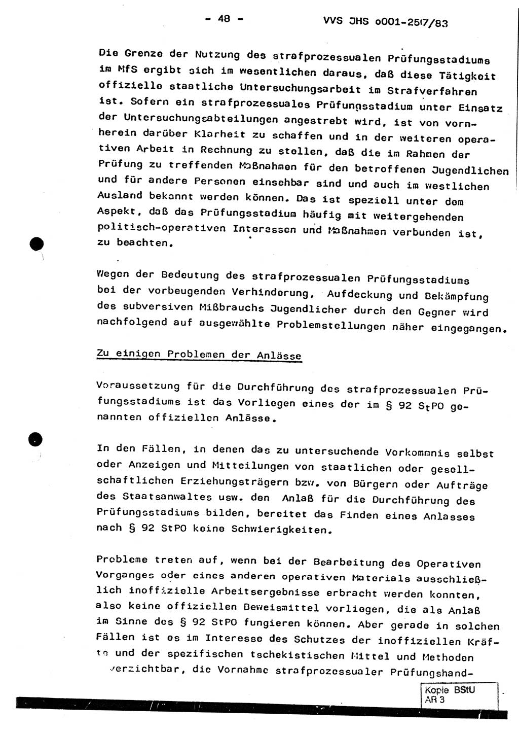 Dissertation, Oberst Helmut Lubas (BV Mdg.), Oberstleutnant Manfred Eschberger (HA IX), Oberleutnant Hans-Jürgen Ludwig (JHS), Ministerium für Staatssicherheit (MfS) [Deutsche Demokratische Republik (DDR)], Juristische Hochschule (JHS), Vertrauliche Verschlußsache (VVS) o001-257/83, Potsdam 1983, Seite 48 (Diss. MfS DDR JHS VVS o001-257/83 1983, S. 48)