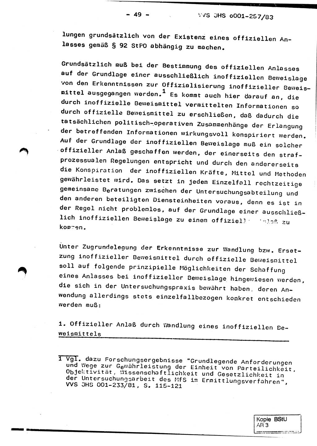 Dissertation, Oberst Helmut Lubas (BV Mdg.), Oberstleutnant Manfred Eschberger (HA IX), Oberleutnant Hans-Jürgen Ludwig (JHS), Ministerium für Staatssicherheit (MfS) [Deutsche Demokratische Republik (DDR)], Juristische Hochschule (JHS), Vertrauliche Verschlußsache (VVS) o001-257/83, Potsdam 1983, Seite 49 (Diss. MfS DDR JHS VVS o001-257/83 1983, S. 49)