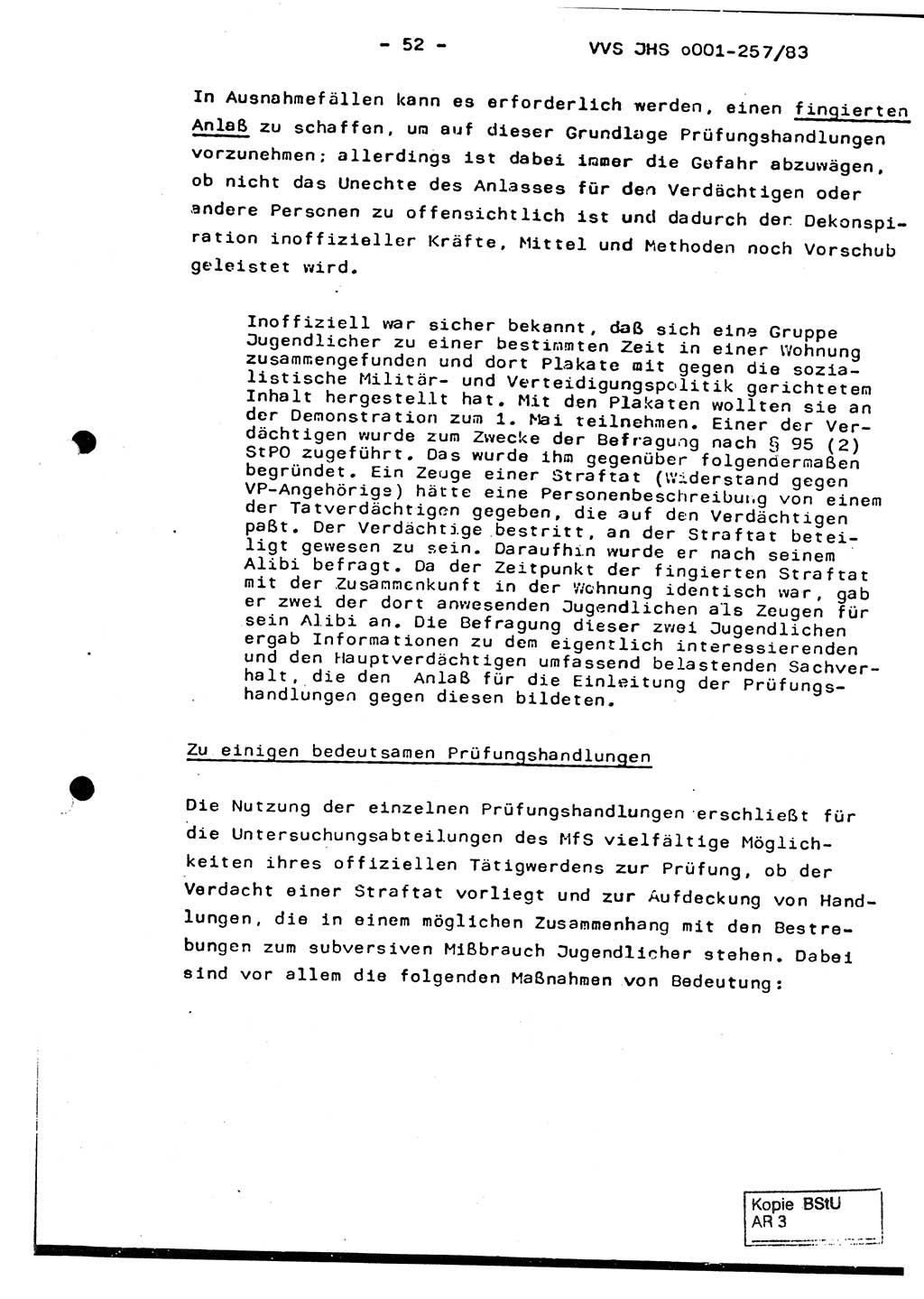 Dissertation, Oberst Helmut Lubas (BV Mdg.), Oberstleutnant Manfred Eschberger (HA IX), Oberleutnant Hans-Jürgen Ludwig (JHS), Ministerium für Staatssicherheit (MfS) [Deutsche Demokratische Republik (DDR)], Juristische Hochschule (JHS), Vertrauliche Verschlußsache (VVS) o001-257/83, Potsdam 1983, Seite 52 (Diss. MfS DDR JHS VVS o001-257/83 1983, S. 52)