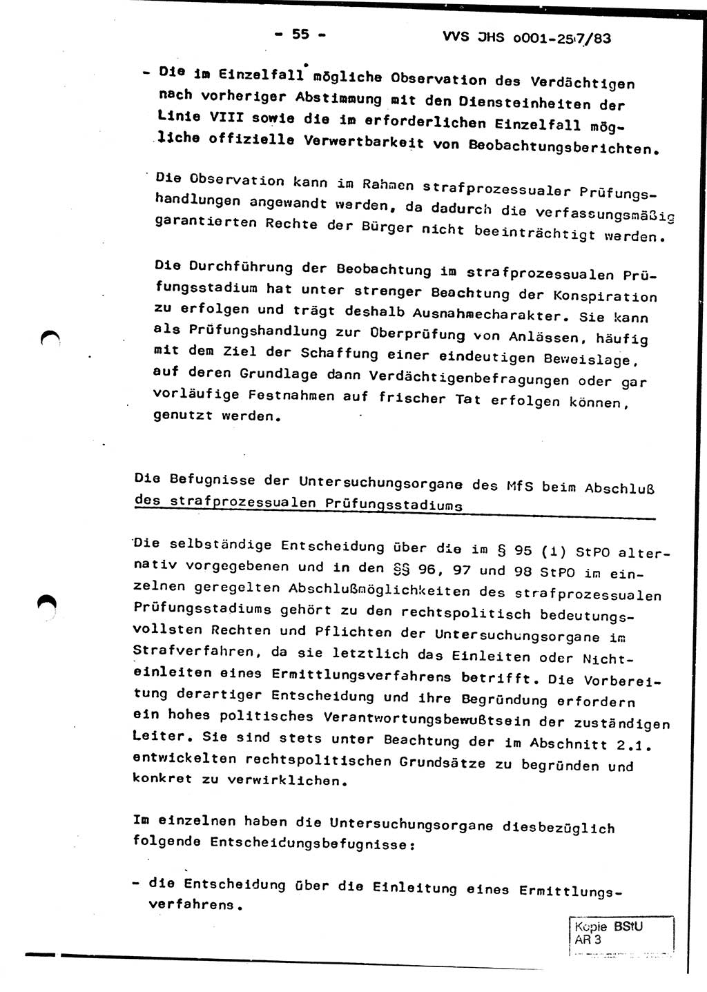 Dissertation, Oberst Helmut Lubas (BV Mdg.), Oberstleutnant Manfred Eschberger (HA IX), Oberleutnant Hans-Jürgen Ludwig (JHS), Ministerium für Staatssicherheit (MfS) [Deutsche Demokratische Republik (DDR)], Juristische Hochschule (JHS), Vertrauliche Verschlußsache (VVS) o001-257/83, Potsdam 1983, Seite 55 (Diss. MfS DDR JHS VVS o001-257/83 1983, S. 55)