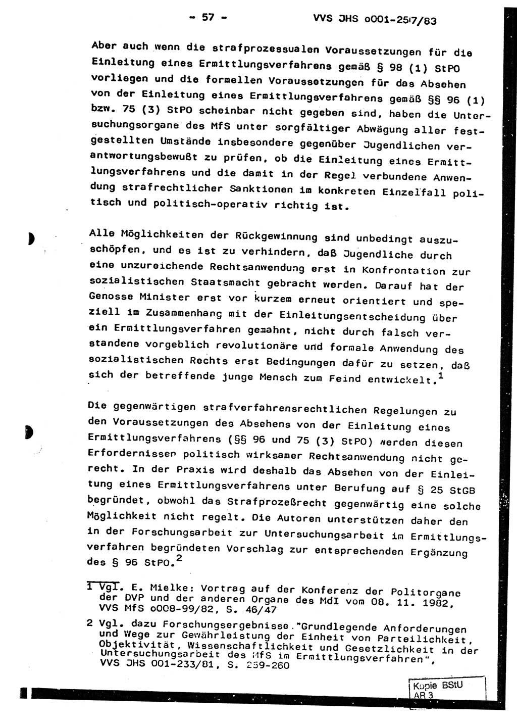 Dissertation, Oberst Helmut Lubas (BV Mdg.), Oberstleutnant Manfred Eschberger (HA IX), Oberleutnant Hans-Jürgen Ludwig (JHS), Ministerium für Staatssicherheit (MfS) [Deutsche Demokratische Republik (DDR)], Juristische Hochschule (JHS), Vertrauliche Verschlußsache (VVS) o001-257/83, Potsdam 1983, Seite 57 (Diss. MfS DDR JHS VVS o001-257/83 1983, S. 57)