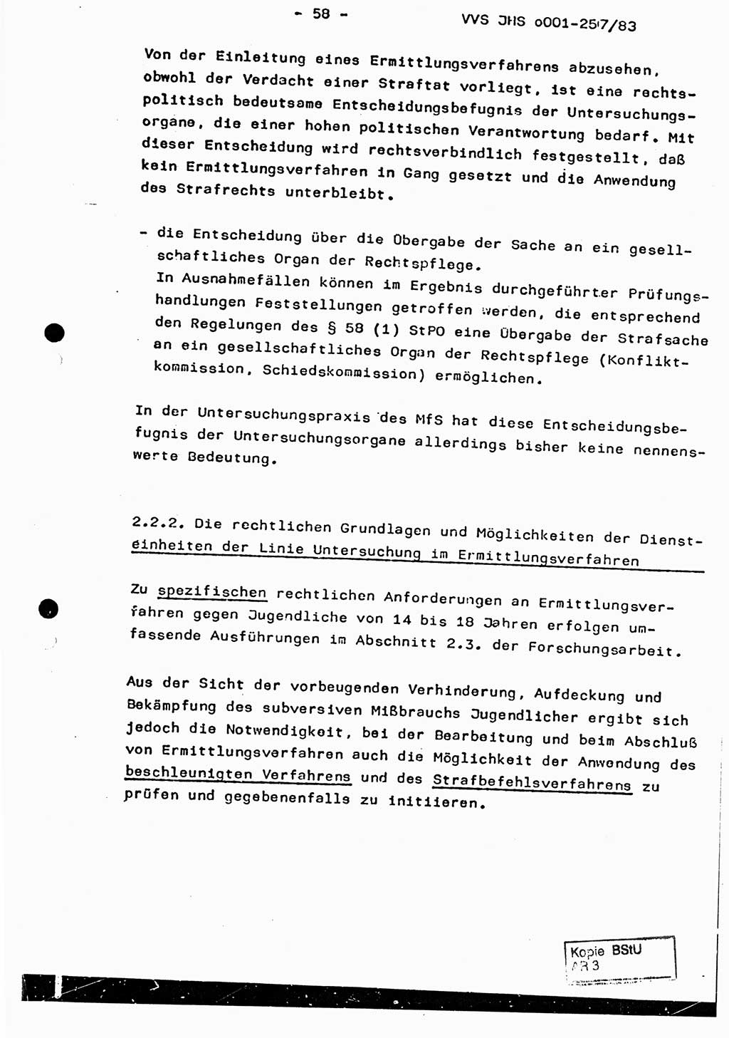 Dissertation, Oberst Helmut Lubas (BV Mdg.), Oberstleutnant Manfred Eschberger (HA IX), Oberleutnant Hans-Jürgen Ludwig (JHS), Ministerium für Staatssicherheit (MfS) [Deutsche Demokratische Republik (DDR)], Juristische Hochschule (JHS), Vertrauliche Verschlußsache (VVS) o001-257/83, Potsdam 1983, Seite 58 (Diss. MfS DDR JHS VVS o001-257/83 1983, S. 58)