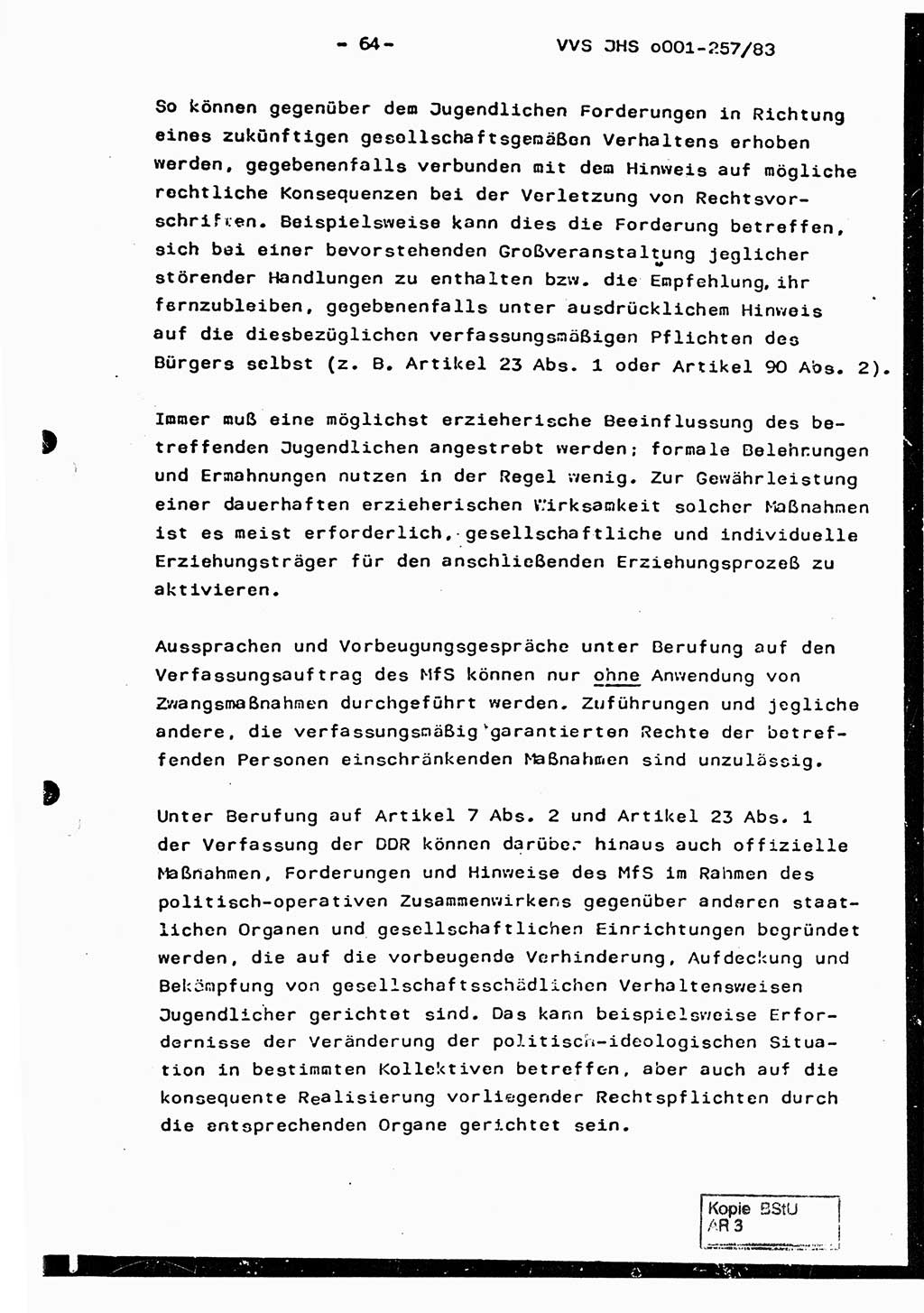 Dissertation, Oberst Helmut Lubas (BV Mdg.), Oberstleutnant Manfred Eschberger (HA IX), Oberleutnant Hans-Jürgen Ludwig (JHS), Ministerium für Staatssicherheit (MfS) [Deutsche Demokratische Republik (DDR)], Juristische Hochschule (JHS), Vertrauliche Verschlußsache (VVS) o001-257/83, Potsdam 1983, Seite 64 (Diss. MfS DDR JHS VVS o001-257/83 1983, S. 64)