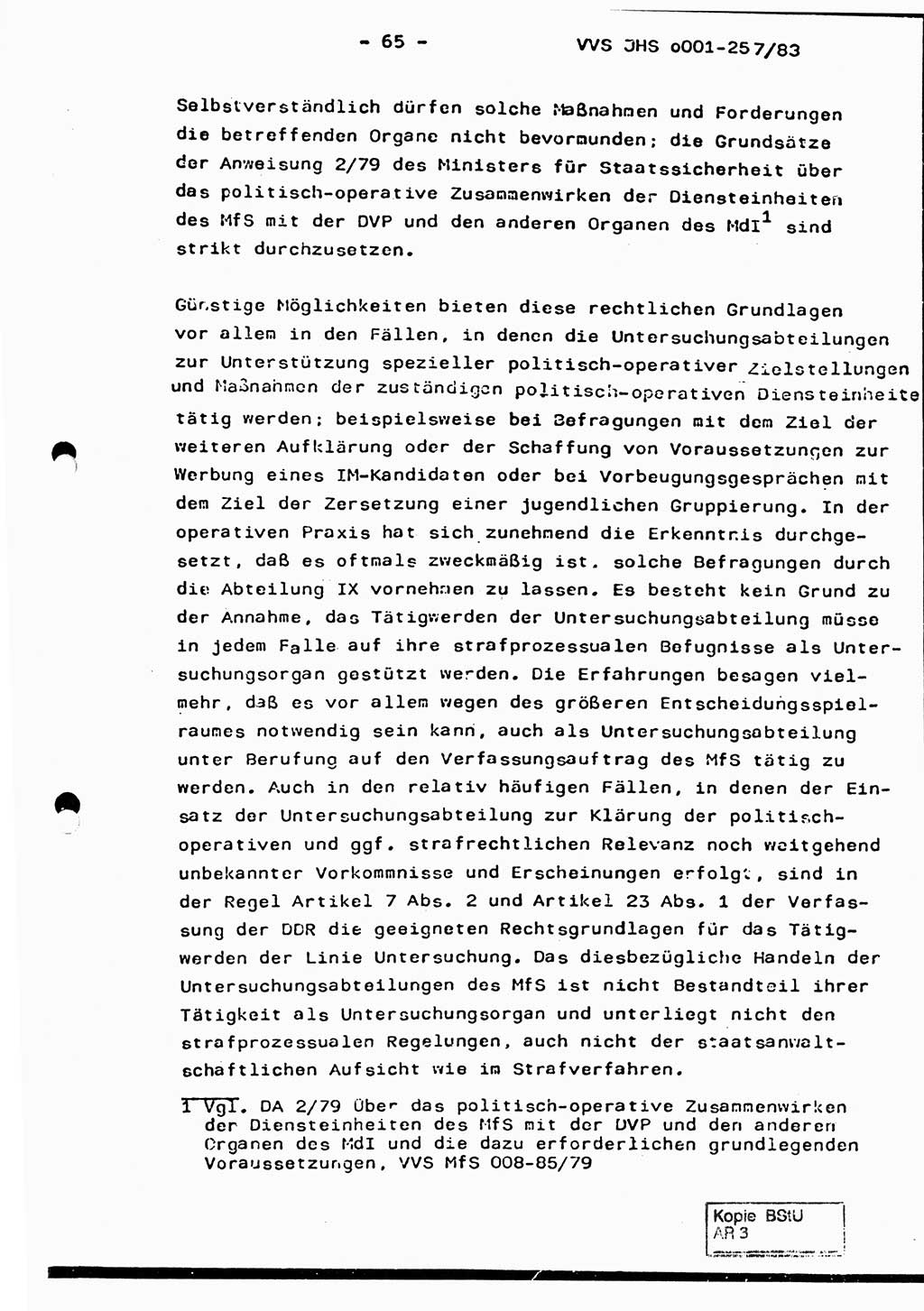 Dissertation, Oberst Helmut Lubas (BV Mdg.), Oberstleutnant Manfred Eschberger (HA IX), Oberleutnant Hans-Jürgen Ludwig (JHS), Ministerium für Staatssicherheit (MfS) [Deutsche Demokratische Republik (DDR)], Juristische Hochschule (JHS), Vertrauliche Verschlußsache (VVS) o001-257/83, Potsdam 1983, Seite 65 (Diss. MfS DDR JHS VVS o001-257/83 1983, S. 65)