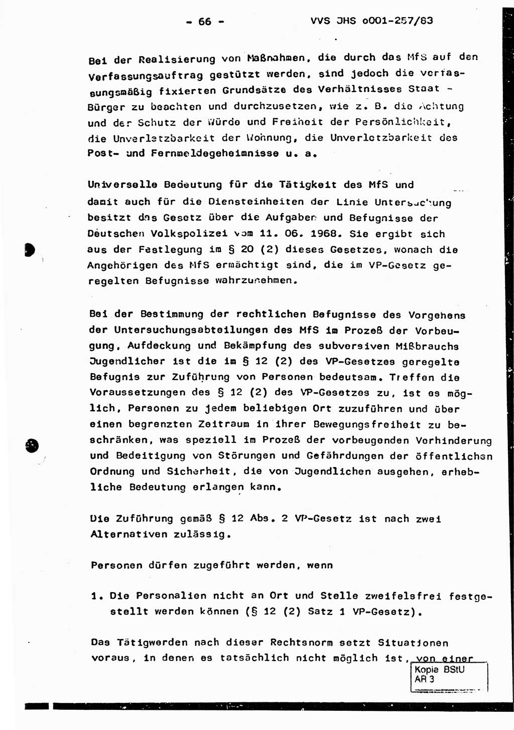 Dissertation, Oberst Helmut Lubas (BV Mdg.), Oberstleutnant Manfred Eschberger (HA IX), Oberleutnant Hans-Jürgen Ludwig (JHS), Ministerium für Staatssicherheit (MfS) [Deutsche Demokratische Republik (DDR)], Juristische Hochschule (JHS), Vertrauliche Verschlußsache (VVS) o001-257/83, Potsdam 1983, Seite 66 (Diss. MfS DDR JHS VVS o001-257/83 1983, S. 66)