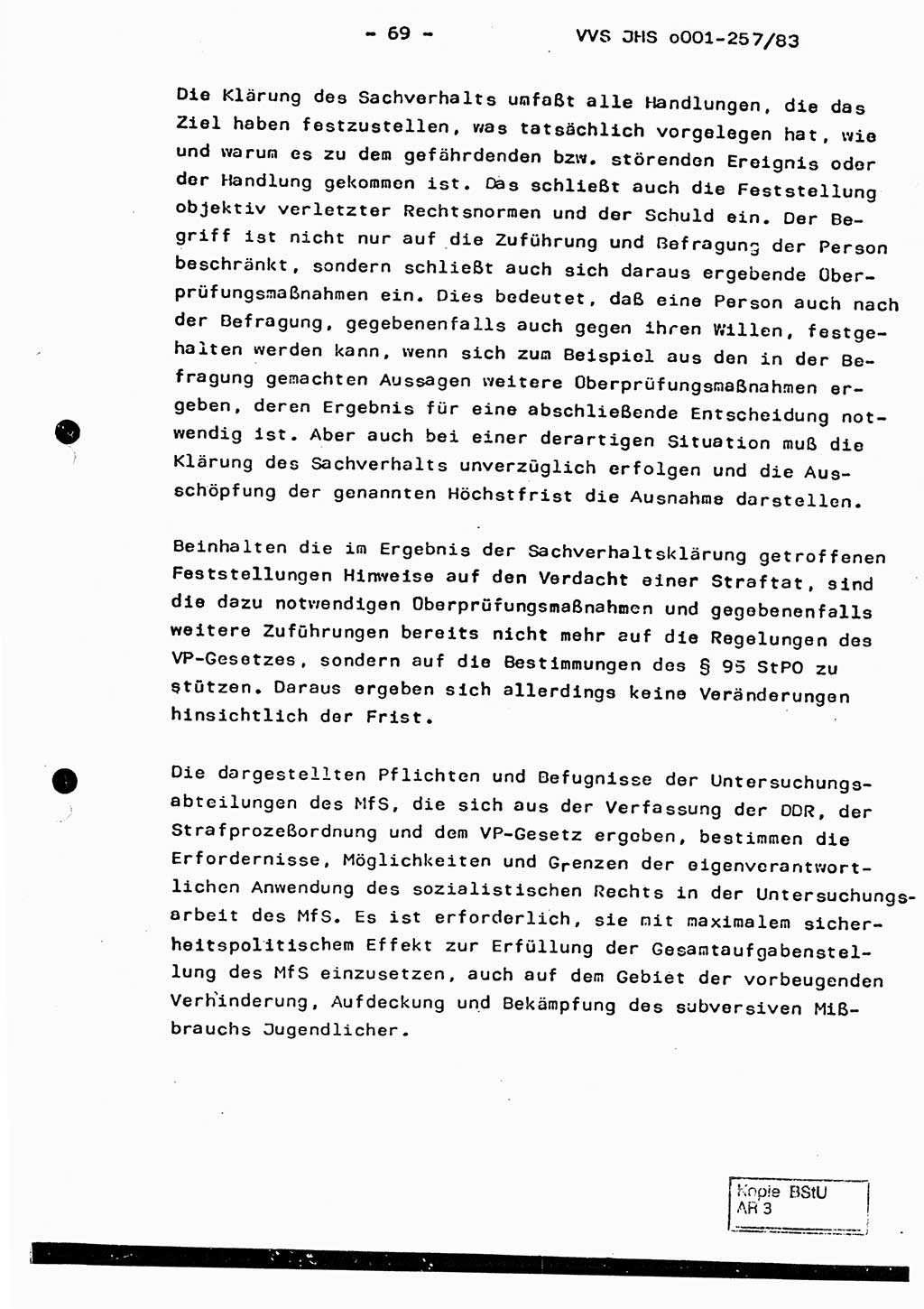 Dissertation, Oberst Helmut Lubas (BV Mdg.), Oberstleutnant Manfred Eschberger (HA IX), Oberleutnant Hans-Jürgen Ludwig (JHS), Ministerium für Staatssicherheit (MfS) [Deutsche Demokratische Republik (DDR)], Juristische Hochschule (JHS), Vertrauliche Verschlußsache (VVS) o001-257/83, Potsdam 1983, Seite 69 (Diss. MfS DDR JHS VVS o001-257/83 1983, S. 69)