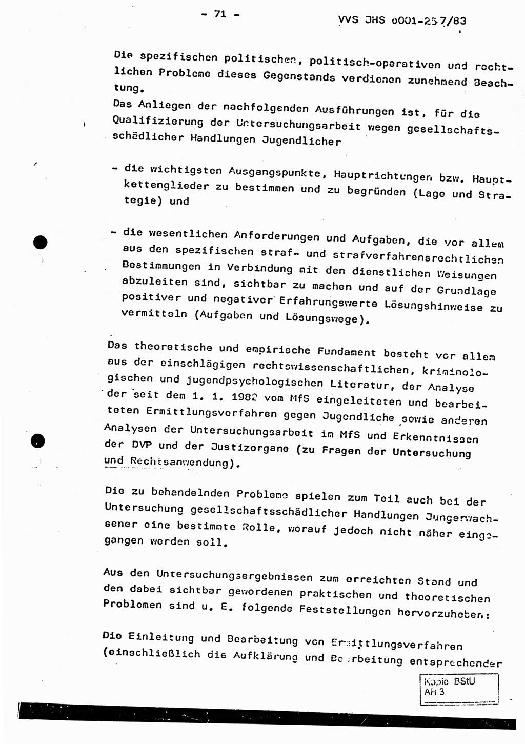 Dissertation, Oberst Helmut Lubas (BV Mdg.), Oberstleutnant Manfred Eschberger (HA IX), Oberleutnant Hans-Jürgen Ludwig (JHS), Ministerium für Staatssicherheit (MfS) [Deutsche Demokratische Republik (DDR)], Juristische Hochschule (JHS), Vertrauliche Verschlußsache (VVS) o001-257/83, Potsdam 1983, Seite 71 (Diss. MfS DDR JHS VVS o001-257/83 1983, S. 71)