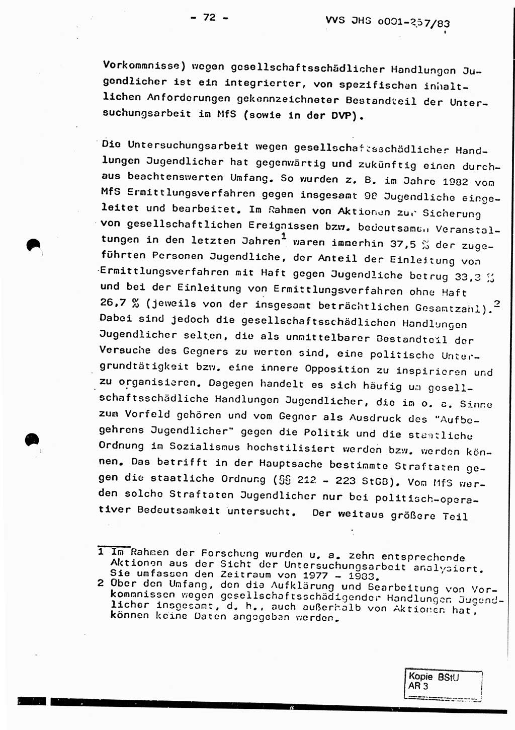 Dissertation, Oberst Helmut Lubas (BV Mdg.), Oberstleutnant Manfred Eschberger (HA IX), Oberleutnant Hans-Jürgen Ludwig (JHS), Ministerium für Staatssicherheit (MfS) [Deutsche Demokratische Republik (DDR)], Juristische Hochschule (JHS), Vertrauliche Verschlußsache (VVS) o001-257/83, Potsdam 1983, Seite 72 (Diss. MfS DDR JHS VVS o001-257/83 1983, S. 72)