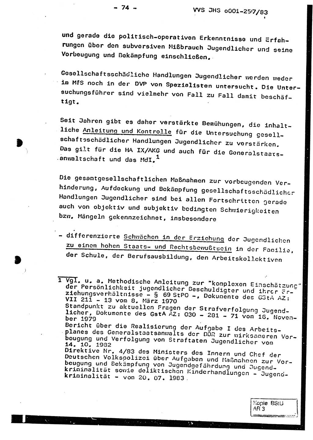 Dissertation, Oberst Helmut Lubas (BV Mdg.), Oberstleutnant Manfred Eschberger (HA IX), Oberleutnant Hans-Jürgen Ludwig (JHS), Ministerium für Staatssicherheit (MfS) [Deutsche Demokratische Republik (DDR)], Juristische Hochschule (JHS), Vertrauliche Verschlußsache (VVS) o001-257/83, Potsdam 1983, Seite 74 (Diss. MfS DDR JHS VVS o001-257/83 1983, S. 74)