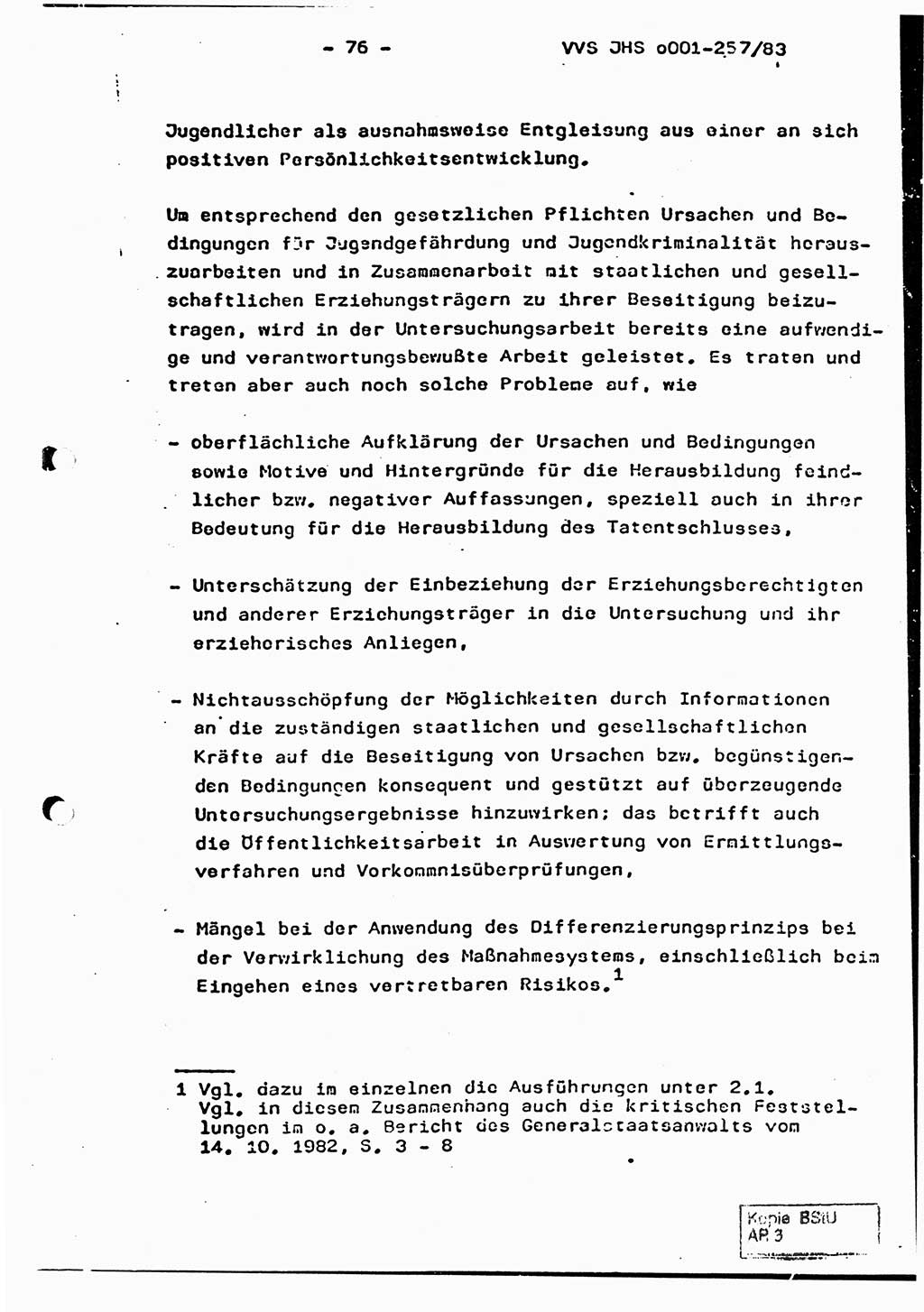 Dissertation, Oberst Helmut Lubas (BV Mdg.), Oberstleutnant Manfred Eschberger (HA IX), Oberleutnant Hans-Jürgen Ludwig (JHS), Ministerium für Staatssicherheit (MfS) [Deutsche Demokratische Republik (DDR)], Juristische Hochschule (JHS), Vertrauliche Verschlußsache (VVS) o001-257/83, Potsdam 1983, Seite 76 (Diss. MfS DDR JHS VVS o001-257/83 1983, S. 76)