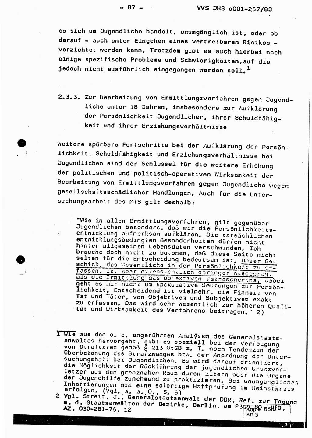 Dissertation, Oberst Helmut Lubas (BV Mdg.), Oberstleutnant Manfred Eschberger (HA IX), Oberleutnant Hans-Jürgen Ludwig (JHS), Ministerium für Staatssicherheit (MfS) [Deutsche Demokratische Republik (DDR)], Juristische Hochschule (JHS), Vertrauliche Verschlußsache (VVS) o001-257/83, Potsdam 1983, Seite 87 (Diss. MfS DDR JHS VVS o001-257/83 1983, S. 87)