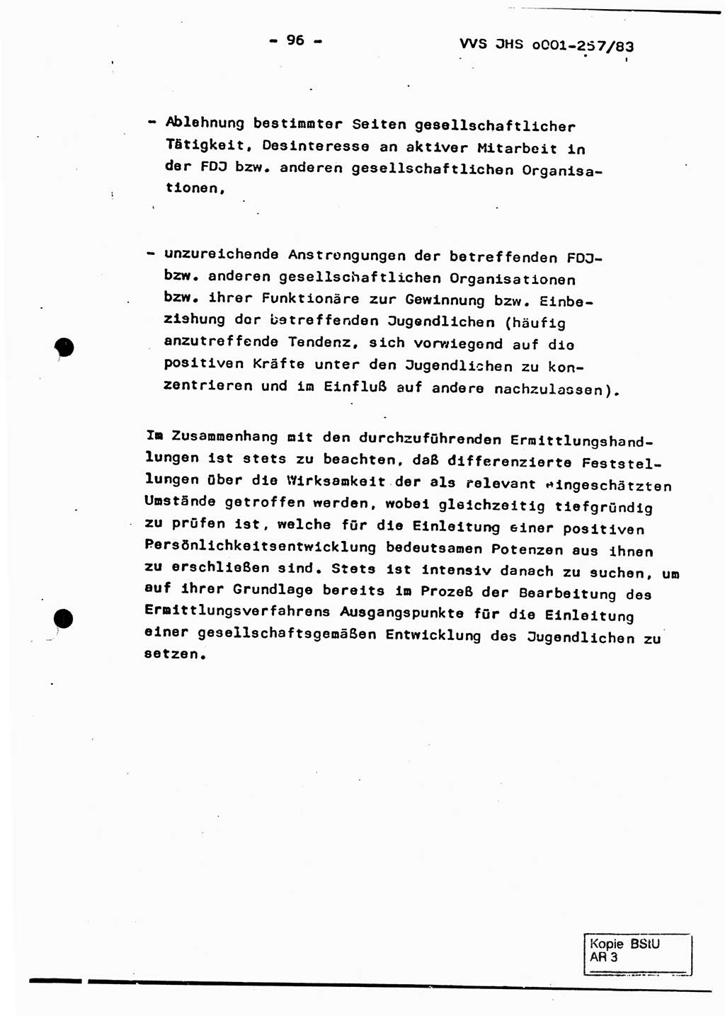Dissertation, Oberst Helmut Lubas (BV Mdg.), Oberstleutnant Manfred Eschberger (HA IX), Oberleutnant Hans-Jürgen Ludwig (JHS), Ministerium für Staatssicherheit (MfS) [Deutsche Demokratische Republik (DDR)], Juristische Hochschule (JHS), Vertrauliche Verschlußsache (VVS) o001-257/83, Potsdam 1983, Seite 96 (Diss. MfS DDR JHS VVS o001-257/83 1983, S. 96)