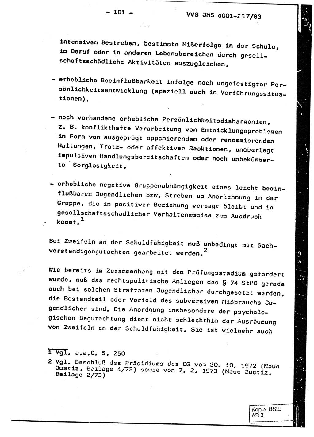 Dissertation, Oberst Helmut Lubas (BV Mdg.), Oberstleutnant Manfred Eschberger (HA IX), Oberleutnant Hans-Jürgen Ludwig (JHS), Ministerium für Staatssicherheit (MfS) [Deutsche Demokratische Republik (DDR)], Juristische Hochschule (JHS), Vertrauliche Verschlußsache (VVS) o001-257/83, Potsdam 1983, Seite 101 (Diss. MfS DDR JHS VVS o001-257/83 1983, S. 101)