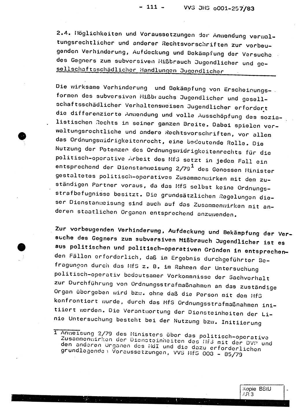 Dissertation, Oberst Helmut Lubas (BV Mdg.), Oberstleutnant Manfred Eschberger (HA IX), Oberleutnant Hans-Jürgen Ludwig (JHS), Ministerium für Staatssicherheit (MfS) [Deutsche Demokratische Republik (DDR)], Juristische Hochschule (JHS), Vertrauliche Verschlußsache (VVS) o001-257/83, Potsdam 1983, Seite 111 (Diss. MfS DDR JHS VVS o001-257/83 1983, S. 111)
