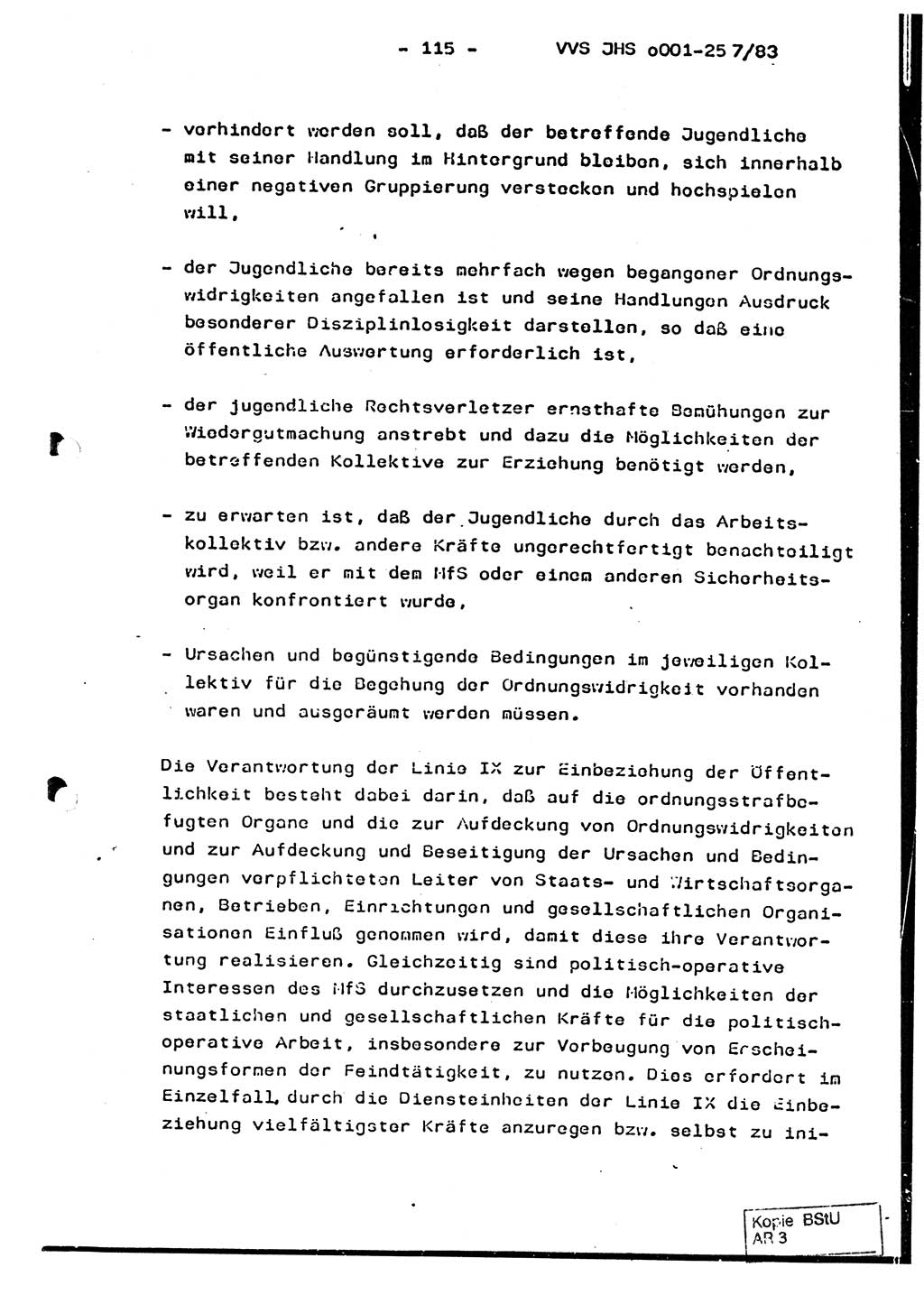 Dissertation, Oberst Helmut Lubas (BV Mdg.), Oberstleutnant Manfred Eschberger (HA IX), Oberleutnant Hans-Jürgen Ludwig (JHS), Ministerium für Staatssicherheit (MfS) [Deutsche Demokratische Republik (DDR)], Juristische Hochschule (JHS), Vertrauliche Verschlußsache (VVS) o001-257/83, Potsdam 1983, Seite 115 (Diss. MfS DDR JHS VVS o001-257/83 1983, S. 115)