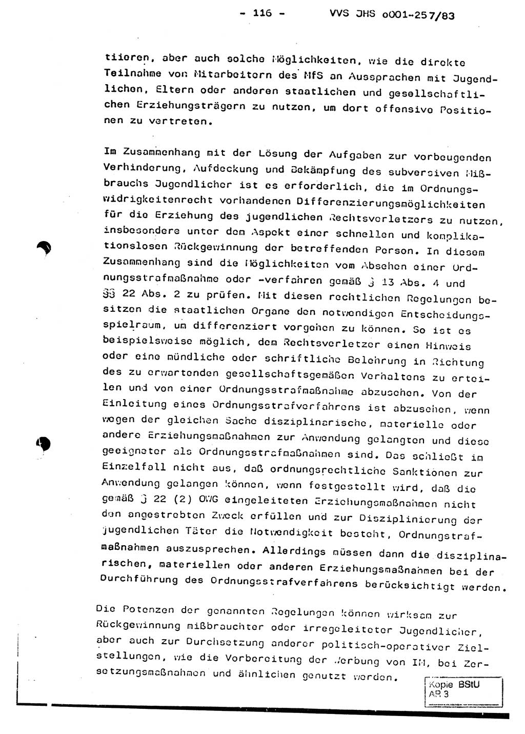 Dissertation, Oberst Helmut Lubas (BV Mdg.), Oberstleutnant Manfred Eschberger (HA IX), Oberleutnant Hans-Jürgen Ludwig (JHS), Ministerium für Staatssicherheit (MfS) [Deutsche Demokratische Republik (DDR)], Juristische Hochschule (JHS), Vertrauliche Verschlußsache (VVS) o001-257/83, Potsdam 1983, Seite 116 (Diss. MfS DDR JHS VVS o001-257/83 1983, S. 116)
