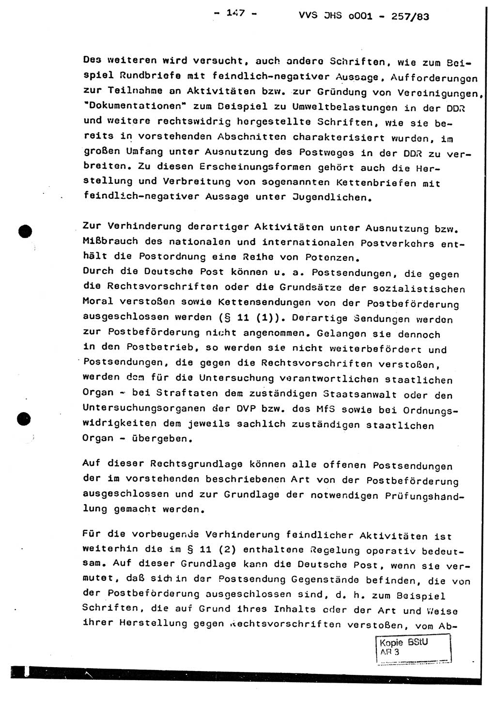 Dissertation, Oberst Helmut Lubas (BV Mdg.), Oberstleutnant Manfred Eschberger (HA IX), Oberleutnant Hans-Jürgen Ludwig (JHS), Ministerium für Staatssicherheit (MfS) [Deutsche Demokratische Republik (DDR)], Juristische Hochschule (JHS), Vertrauliche Verschlußsache (VVS) o001-257/83, Potsdam 1983, Seite 147 (Diss. MfS DDR JHS VVS o001-257/83 1983, S. 147)