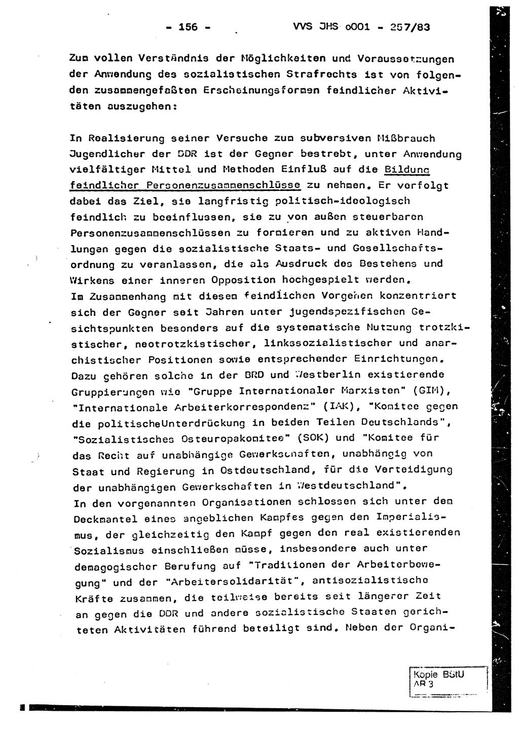 Dissertation, Oberst Helmut Lubas (BV Mdg.), Oberstleutnant Manfred Eschberger (HA IX), Oberleutnant Hans-Jürgen Ludwig (JHS), Ministerium für Staatssicherheit (MfS) [Deutsche Demokratische Republik (DDR)], Juristische Hochschule (JHS), Vertrauliche Verschlußsache (VVS) o001-257/83, Potsdam 1983, Seite 156 (Diss. MfS DDR JHS VVS o001-257/83 1983, S. 156)