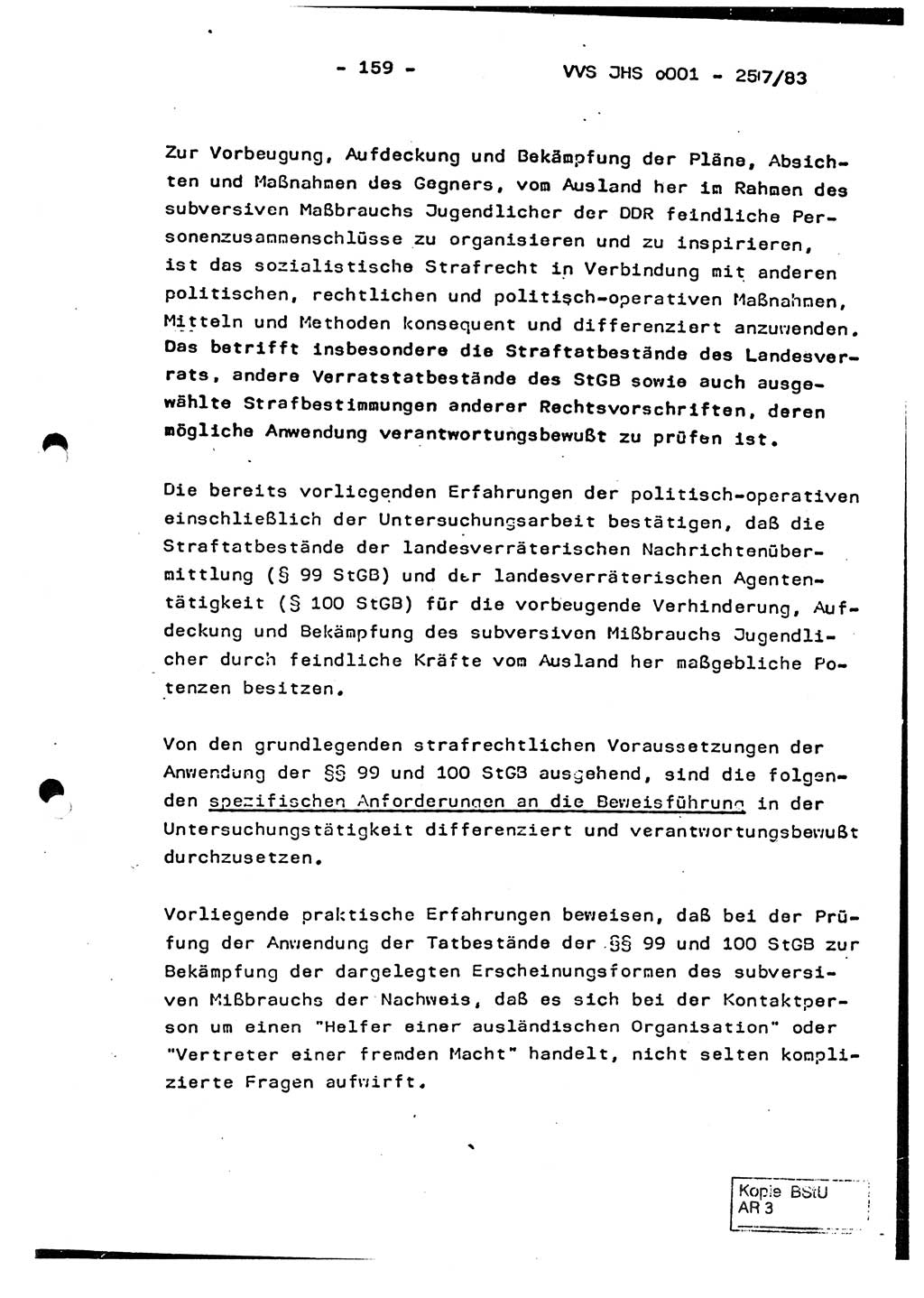 Dissertation, Oberst Helmut Lubas (BV Mdg.), Oberstleutnant Manfred Eschberger (HA IX), Oberleutnant Hans-Jürgen Ludwig (JHS), Ministerium für Staatssicherheit (MfS) [Deutsche Demokratische Republik (DDR)], Juristische Hochschule (JHS), Vertrauliche Verschlußsache (VVS) o001-257/83, Potsdam 1983, Seite 159 (Diss. MfS DDR JHS VVS o001-257/83 1983, S. 159)