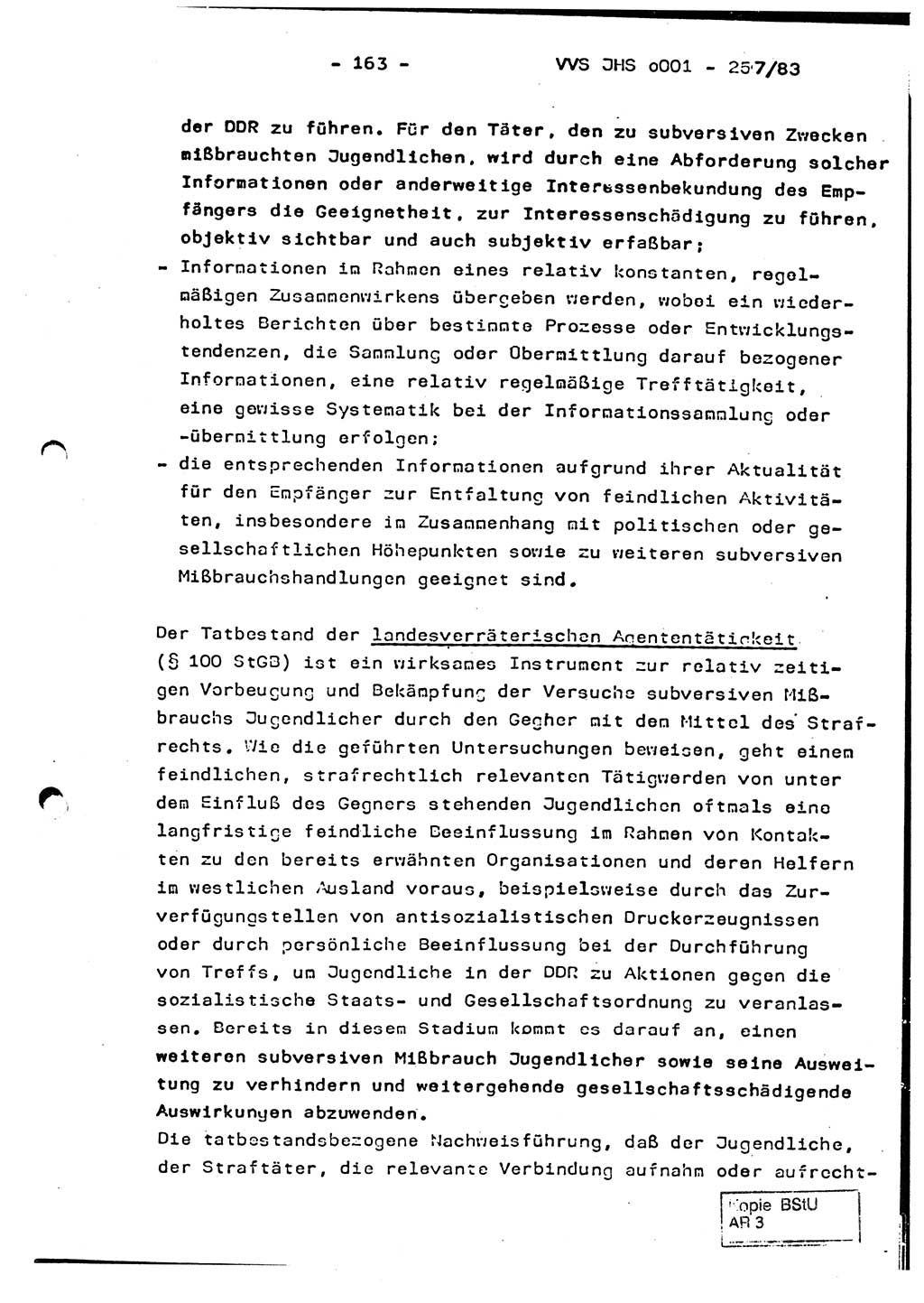 Dissertation, Oberst Helmut Lubas (BV Mdg.), Oberstleutnant Manfred Eschberger (HA IX), Oberleutnant Hans-Jürgen Ludwig (JHS), Ministerium für Staatssicherheit (MfS) [Deutsche Demokratische Republik (DDR)], Juristische Hochschule (JHS), Vertrauliche Verschlußsache (VVS) o001-257/83, Potsdam 1983, Seite 163 (Diss. MfS DDR JHS VVS o001-257/83 1983, S. 163)