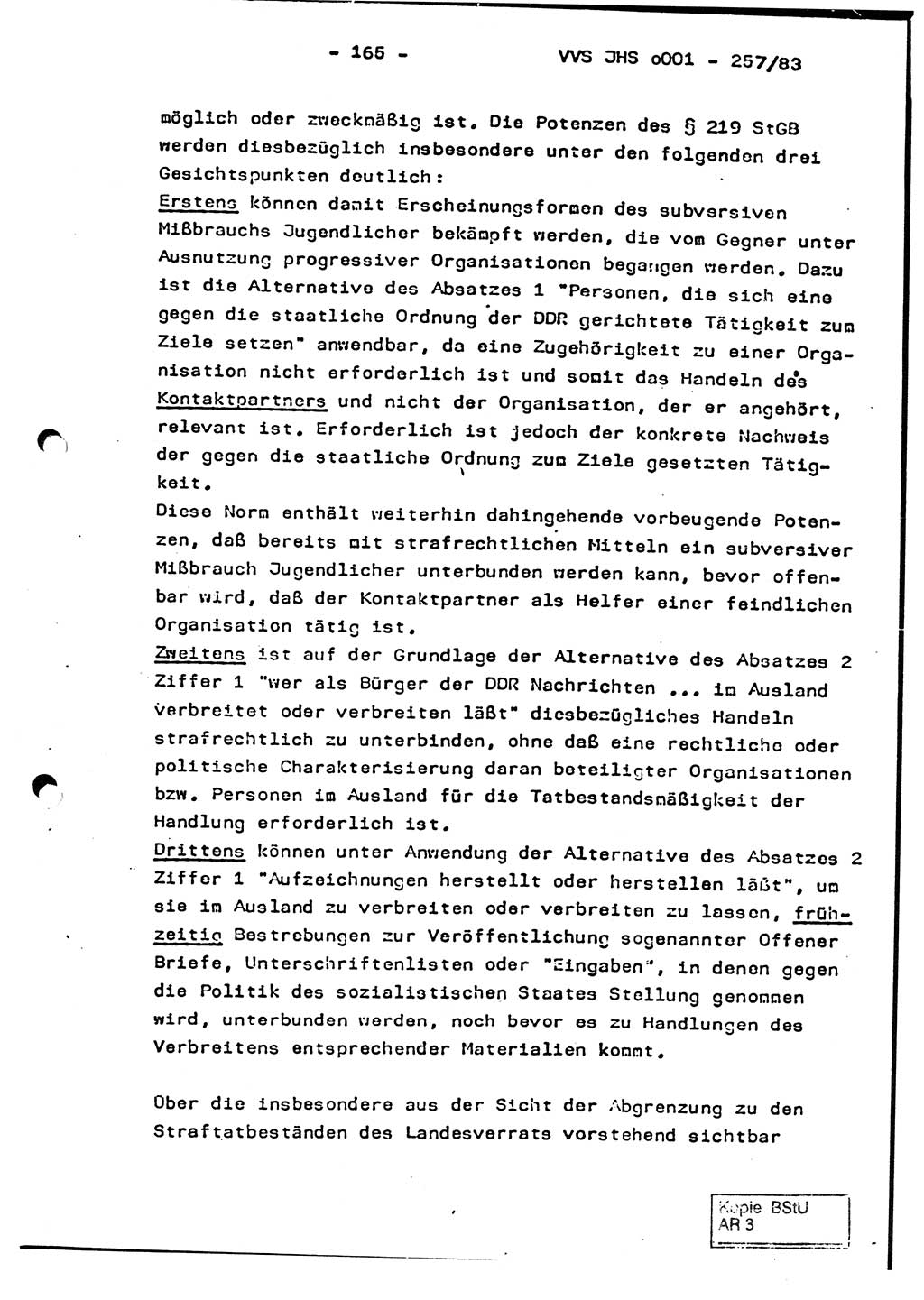 Dissertation, Oberst Helmut Lubas (BV Mdg.), Oberstleutnant Manfred Eschberger (HA IX), Oberleutnant Hans-Jürgen Ludwig (JHS), Ministerium für Staatssicherheit (MfS) [Deutsche Demokratische Republik (DDR)], Juristische Hochschule (JHS), Vertrauliche Verschlußsache (VVS) o001-257/83, Potsdam 1983, Seite 165 (Diss. MfS DDR JHS VVS o001-257/83 1983, S. 165)