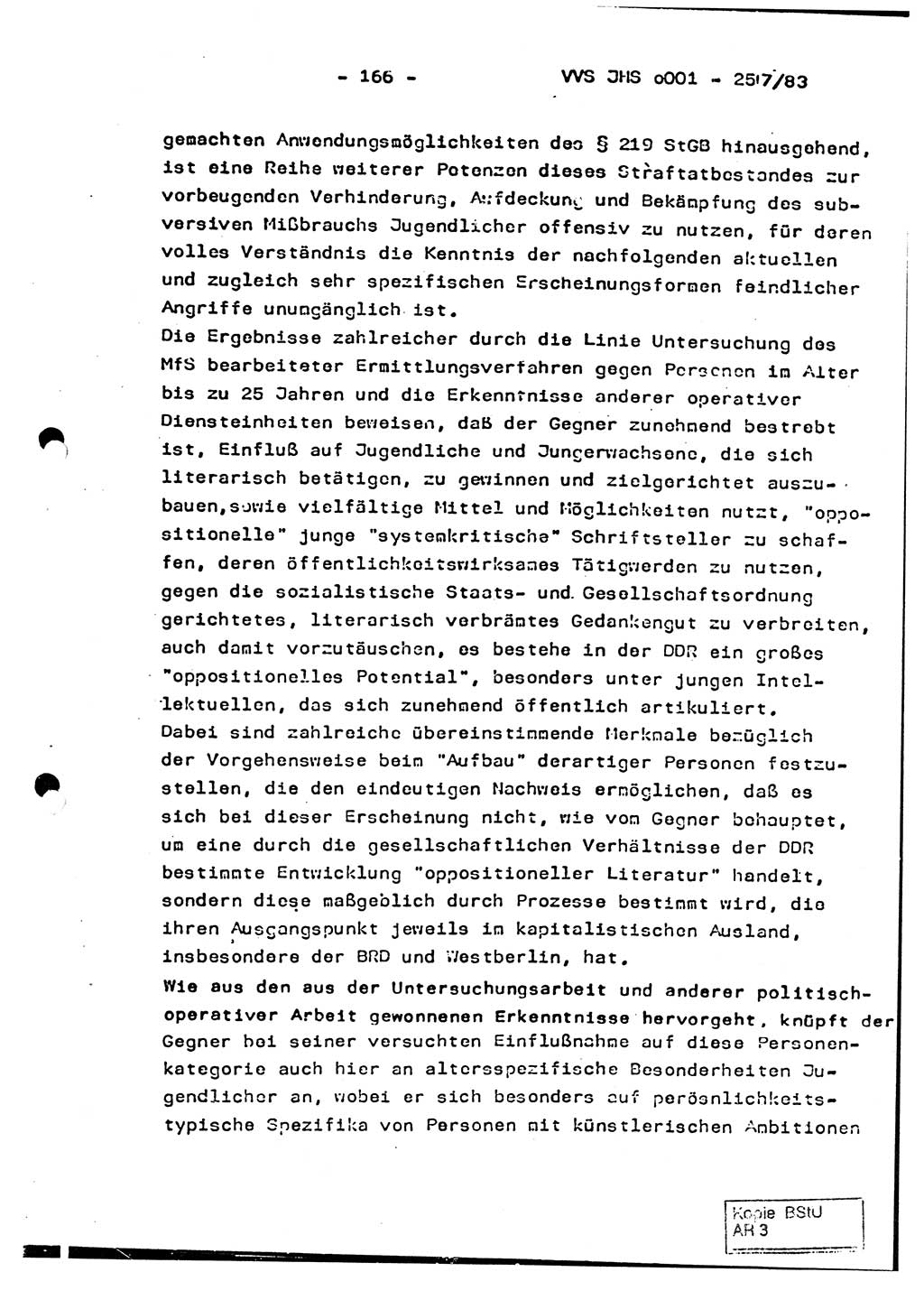 Dissertation, Oberst Helmut Lubas (BV Mdg.), Oberstleutnant Manfred Eschberger (HA IX), Oberleutnant Hans-Jürgen Ludwig (JHS), Ministerium für Staatssicherheit (MfS) [Deutsche Demokratische Republik (DDR)], Juristische Hochschule (JHS), Vertrauliche Verschlußsache (VVS) o001-257/83, Potsdam 1983, Seite 166 (Diss. MfS DDR JHS VVS o001-257/83 1983, S. 166)