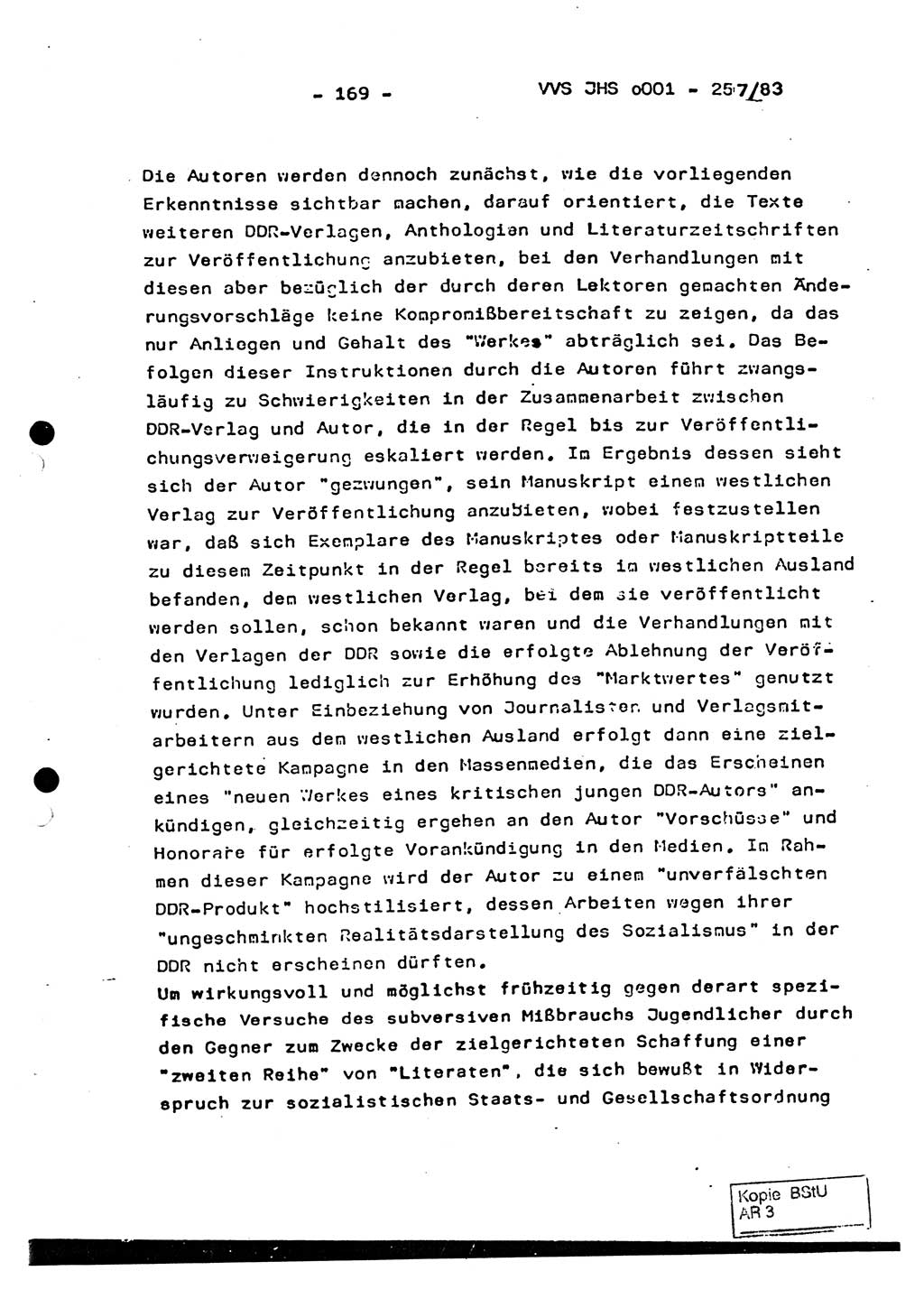 Dissertation, Oberst Helmut Lubas (BV Mdg.), Oberstleutnant Manfred Eschberger (HA IX), Oberleutnant Hans-Jürgen Ludwig (JHS), Ministerium für Staatssicherheit (MfS) [Deutsche Demokratische Republik (DDR)], Juristische Hochschule (JHS), Vertrauliche Verschlußsache (VVS) o001-257/83, Potsdam 1983, Seite 169 (Diss. MfS DDR JHS VVS o001-257/83 1983, S. 169)