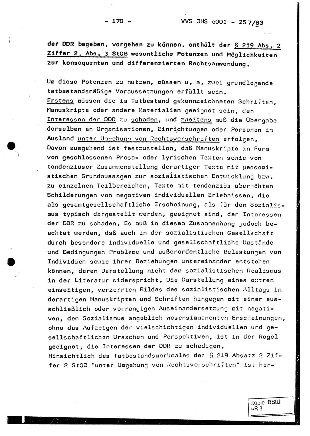 Dissertation, Oberst Helmut Lubas (BV Mdg.), Oberstleutnant Manfred Eschberger (HA IX), Oberleutnant Hans-Jürgen Ludwig (JHS), Ministerium für Staatssicherheit (MfS) [Deutsche Demokratische Republik (DDR)], Juristische Hochschule (JHS), Vertrauliche Verschlußsache (VVS) o001-257/83, Potsdam 1983, Seite 170 (Diss. MfS DDR JHS VVS o001-257/83 1983, S. 170)